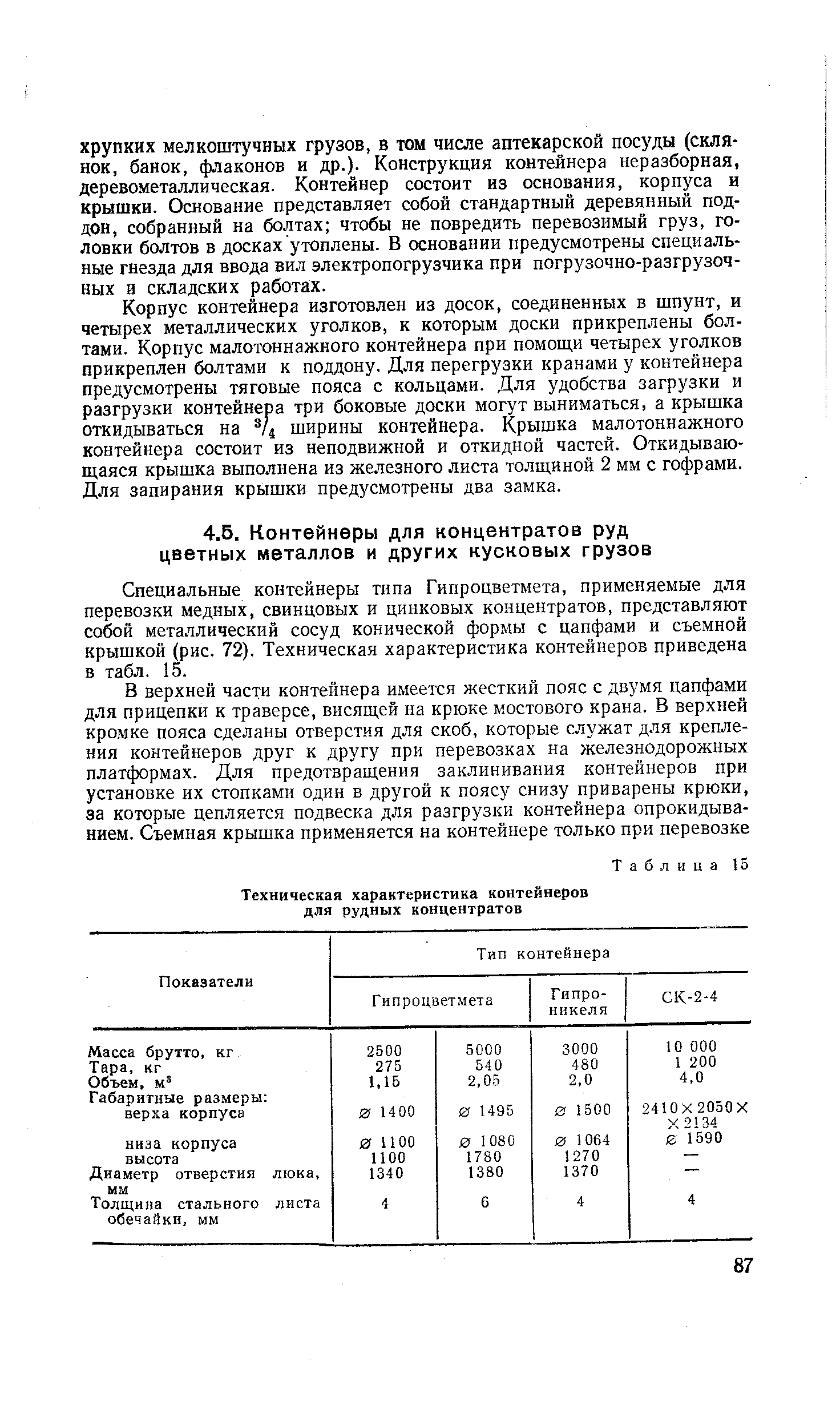 Специальные контейнеры типа Гипроцветмета, применяемые для перевозки медных, свинцовых и цинковых концентратов, представляют собой металлический сосуд конической формы с цапфами и съемной крышкой (рис. 72). Техническая характеристика контейнеров приведена в табл. 15.
