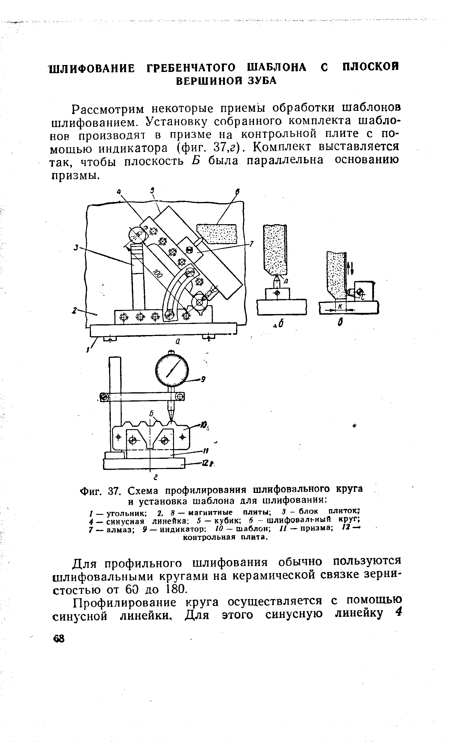 Рассмотрим некоторые приемы обработки шаблонов шлифованием. Установку собранного комплекта шаблонов производят в призме на контрольной плите с помощью индикатора (фиг. 37,г). Комплект выставляется так, чтобы плоскость Б была параллельна основанию призмы.
