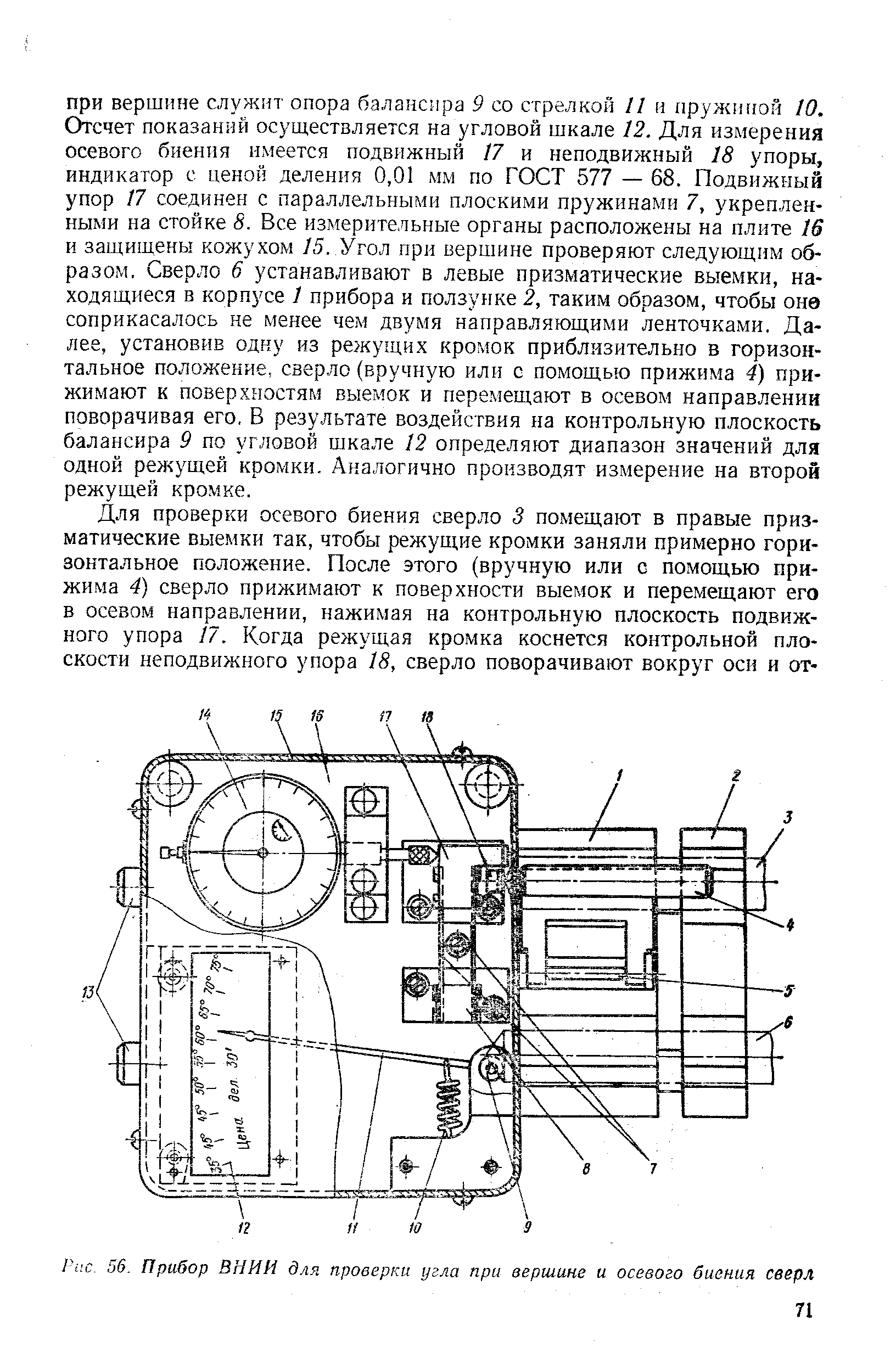 Рис. 56, Прибор ВНИИ для проверки угла при вершине и осевого биения сверл
