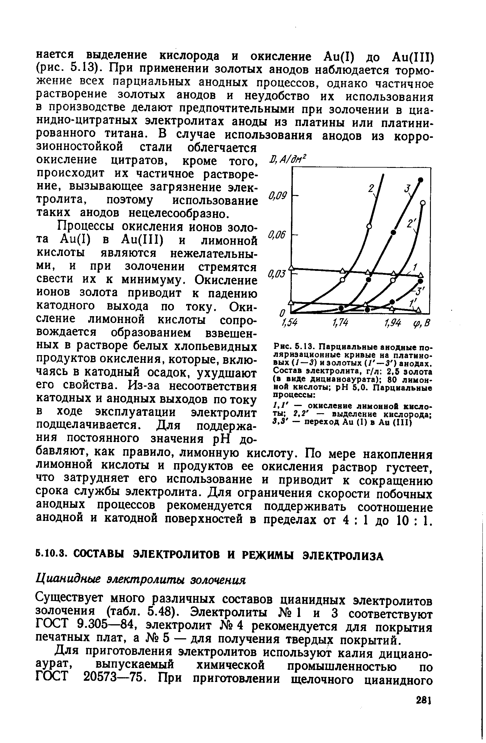 Существует много различных составов цианидных электролитов золочения (табл. 5.48). Электролиты 1 и 3 соответствуют ГОСТ 9.305—84, электролит 4 рекомендуется для покрытия печатных плат, а 5 — для получения тверды покрытий.
