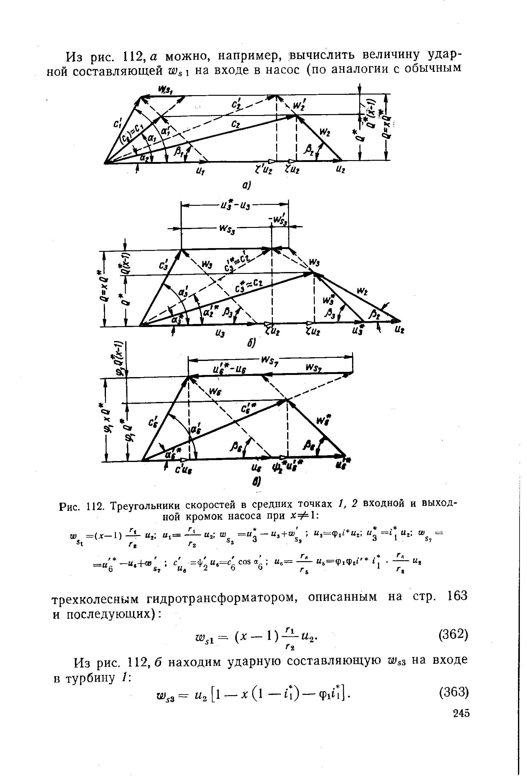Рис. 112. <a href="/info/30790">Треугольники скоростей</a> в <a href="/info/472776">средних точках</a> I, 2 входной и выходной кромок насоса при хФ1 
