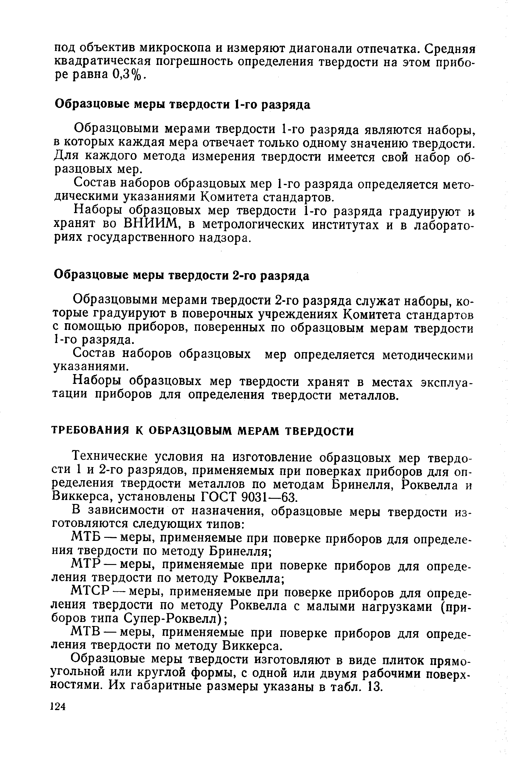 Технические условия на изготовление образцовых мер твердости 1 и 2-го разрядов, применяемых при поверках приборов для определения твердости металлов по методам Бринелля, Роквелла и Виккерса, установлены ГОСТ 9031—63.
