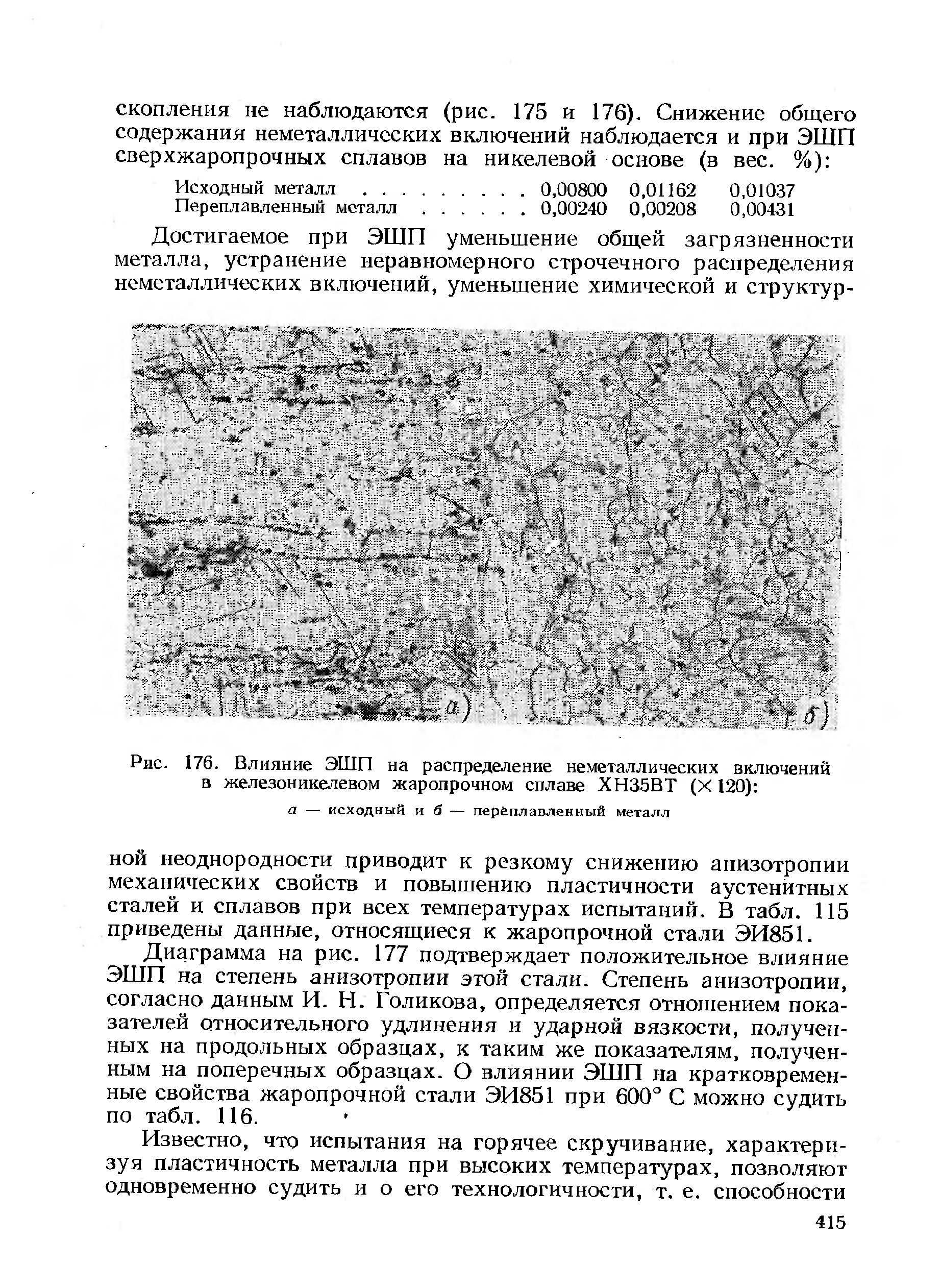 Рис. 176. Влияние ЭШП на распределение неметаллических включений в железоникелевом жаропрочном сплаве ХН35ВТ (X 120) 
