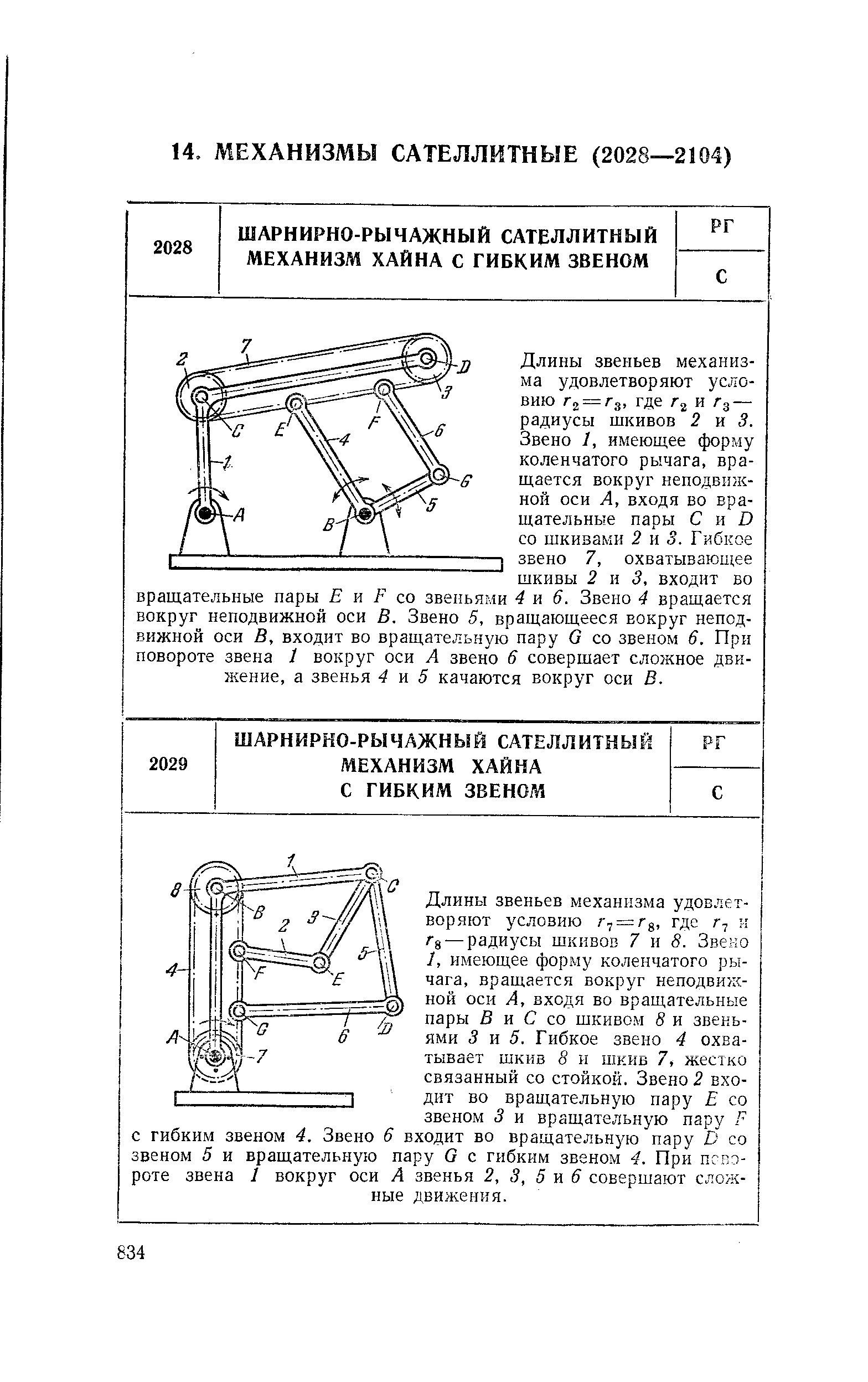 Длины звеньев механизма удовлетворяют условию Г2 = / з, где Aj и Лд — радиусы шкивов 2 и 5. Звено 1, имеющее форму коленчатого рычага, вращается вокруг неподвижной оси А, входя во вращательные пары С и D со шкивами 2 и 3. Гибкое звено 7, охватывающее шкивы 2 и 3, входит во вращательные пары Е и F со звеньями 4 я 6. Звено 4 вращается вокруг неподвижной оси В. Звено 5, вращающееся вокруг неподвижной оси В, входит во вращательную пару G со звеном 6. При повороте звена 1 вокруг оси А звено 6 совершает сложное дви- кение, а звенья 4 к 5 качаются вокруг оси В.
