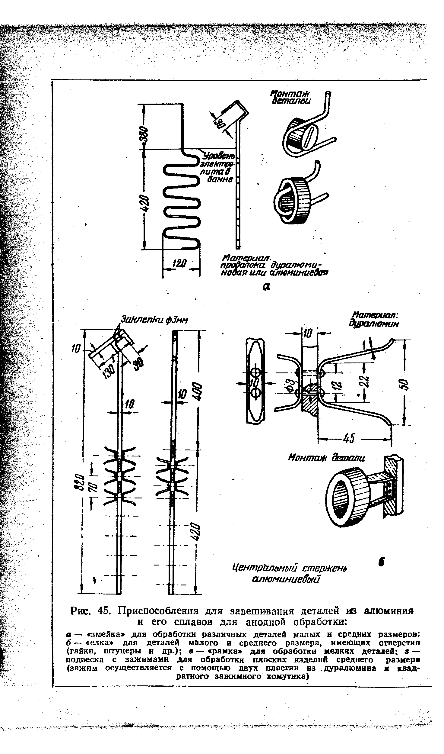 Рис. 45. Приспособления для завешивания деталей из алюминия и его сплавов для <a href="/info/208353">анодной обработки</a> а — змейка для обработки различных <a href="/info/289633">деталей малых</a> и средних размеров 6 — елка для <a href="/info/289633">деталей малого</a> и среднего размера, имеющих отверстия (гайки, штуцеры и др.) в— рамка для обработки мелках деталей — подвеска с зажинами для обработки плоских изделий среднего размер (зажим осуществляется с помощью двух пластин из дуралюмина квадратного зажимного хомутика)
