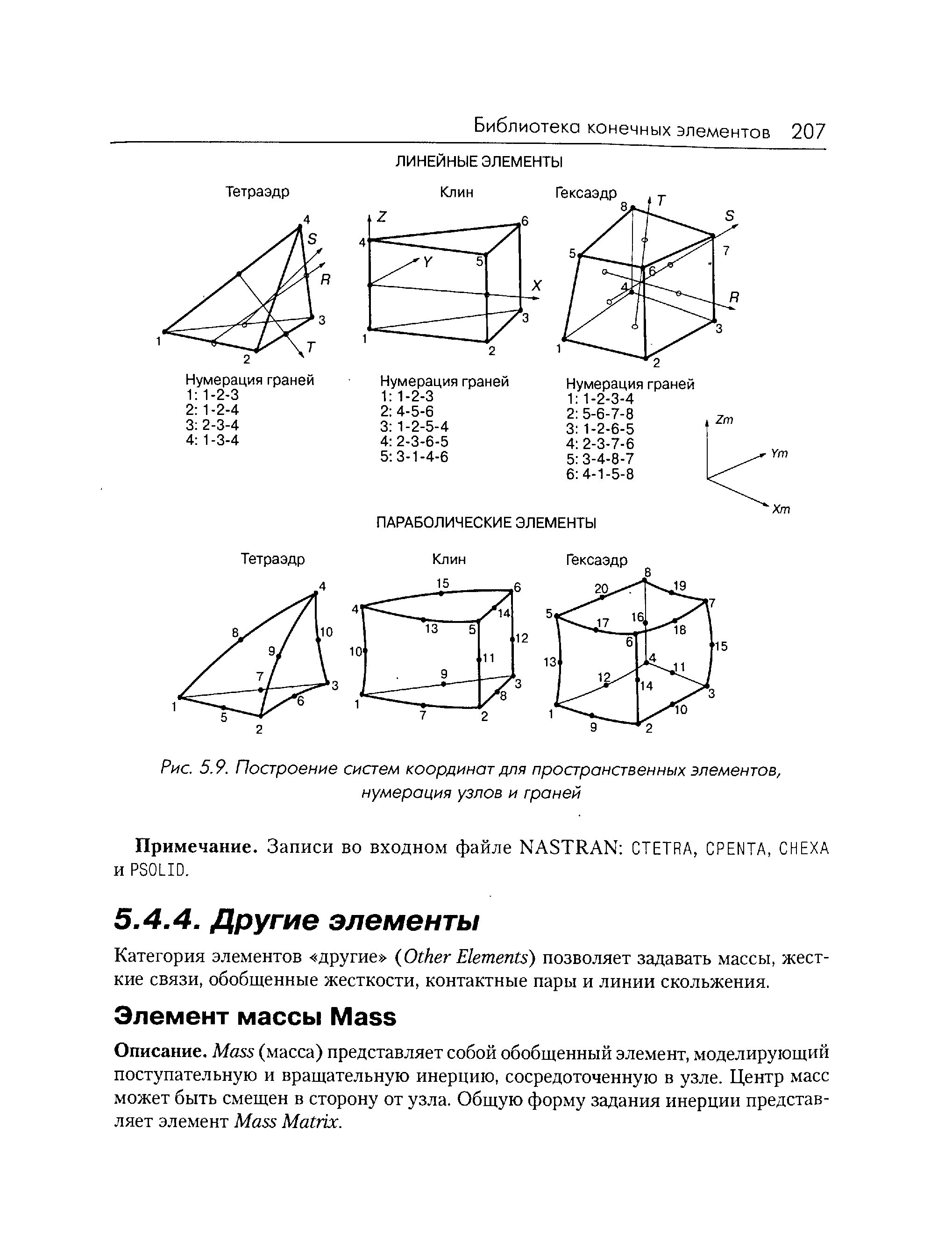 Рис. 5.9. Построение систем координат для пространственных элементов, нумерация узлов и граней
