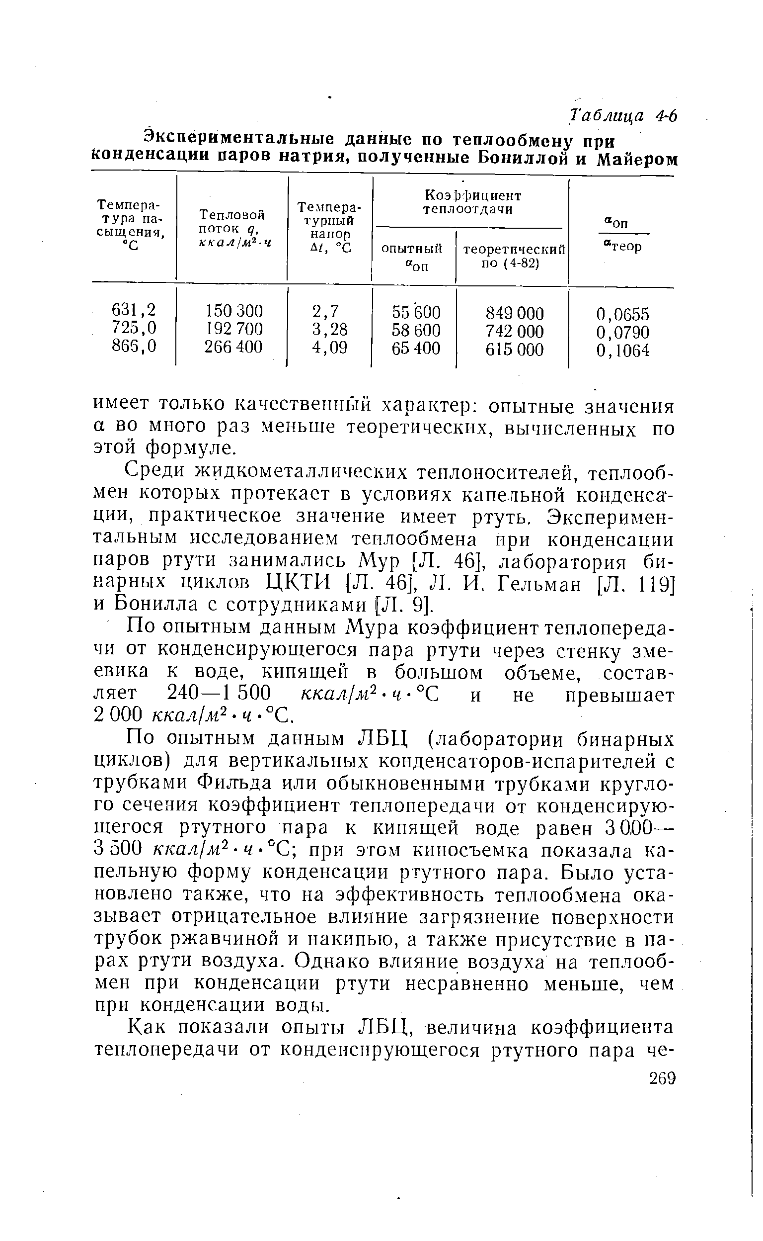 Среди жидкометаллических теплоносителей, теплообмен которых протекает в условиях капельной конденсации, практическое значение имеет ртуть. Экспериментальным исследованием теплообмена при конденсации паров ртути занимались Мур 1[Л. 46], лаборатория бинарных циклов ЦКТИ [Л. 46], Л. И, Гельман [Л. 119] и Бонилла с сотрудниками [Л. 9].
