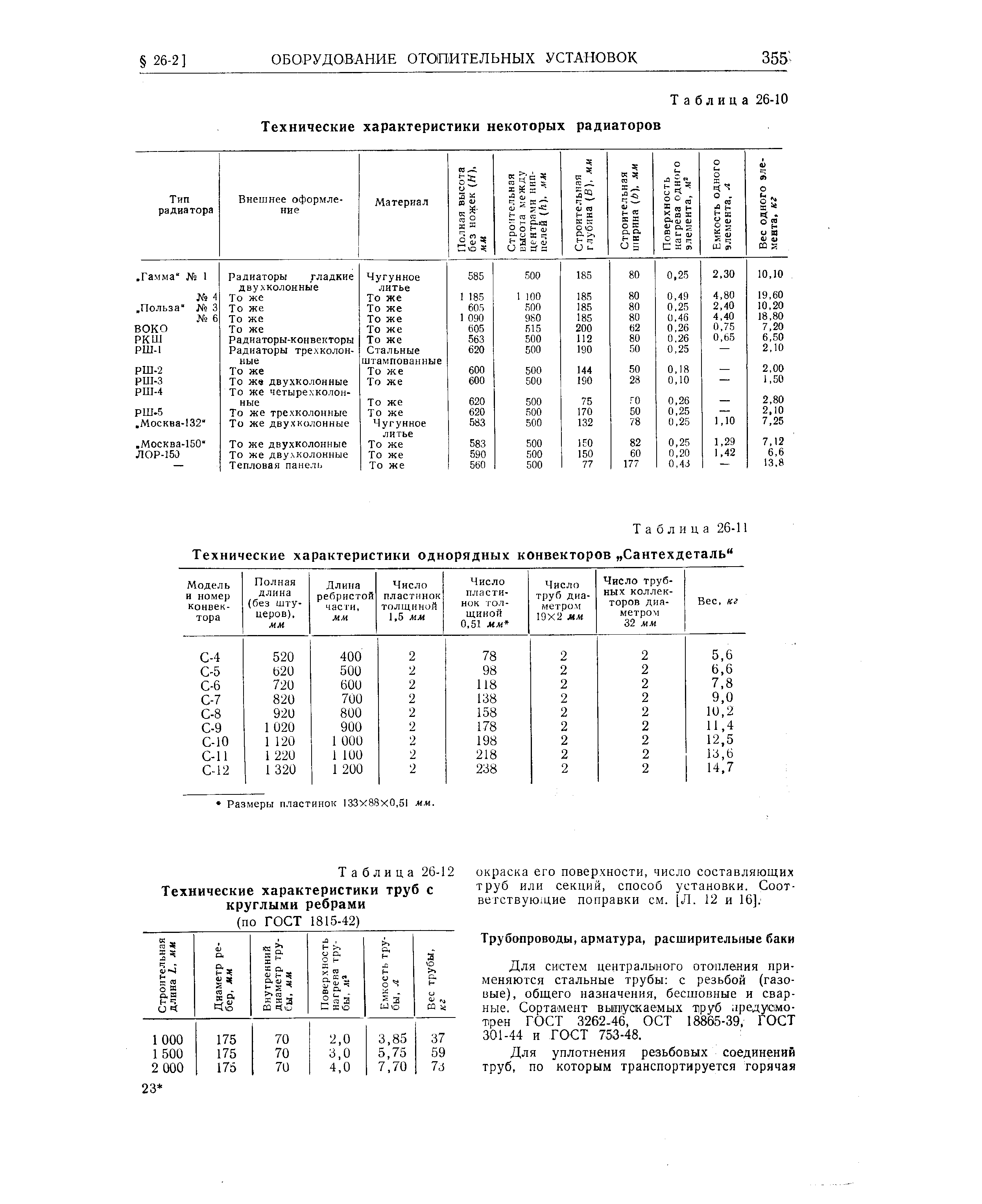 Таблица 26-12 Технические характеристики труб с круглыми ребрами (по ГОСТ 1815-42)

