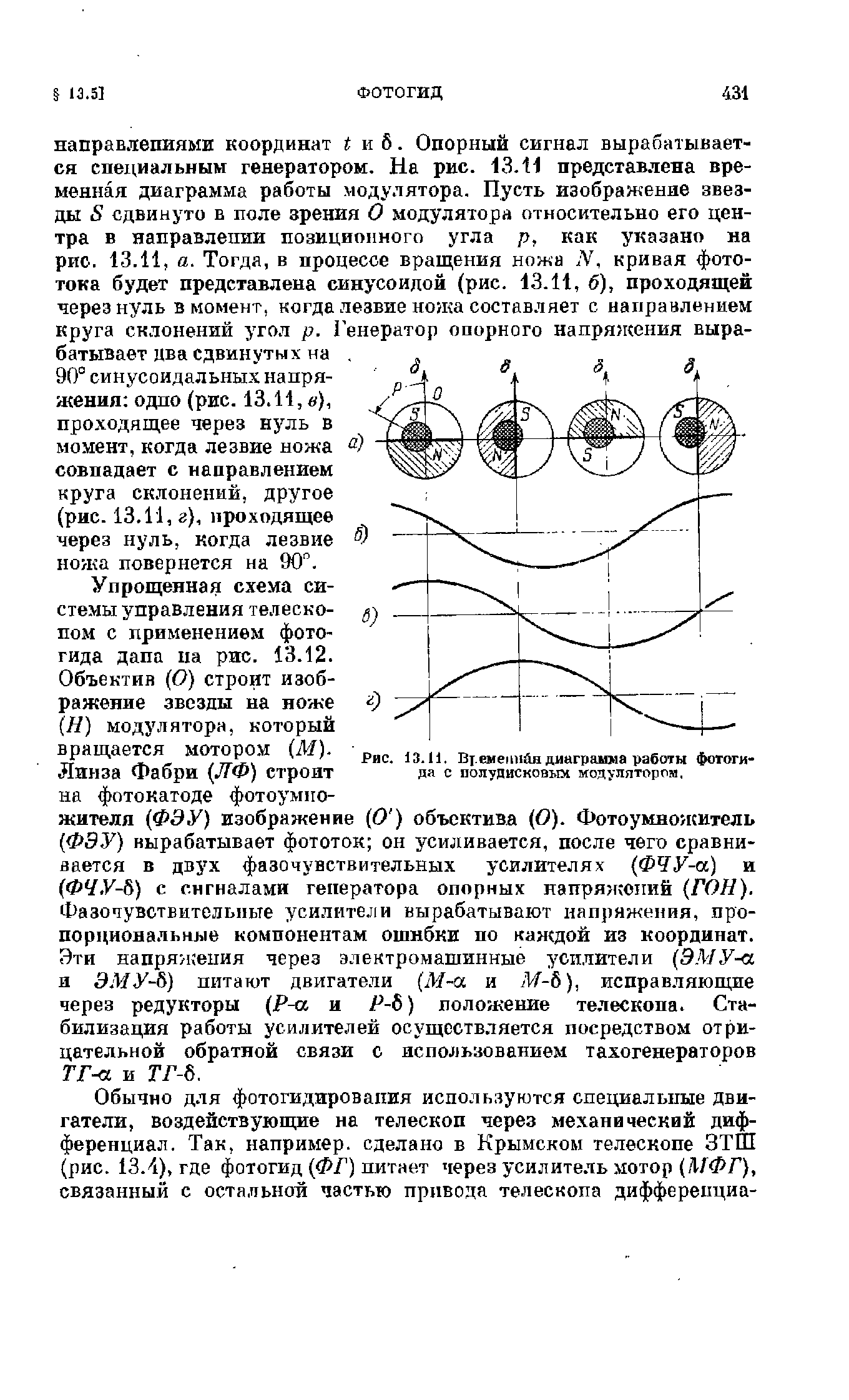 Объектив (О) строит изображение звезды на ноже (Н) модулятора, который вращается мотором (М).
