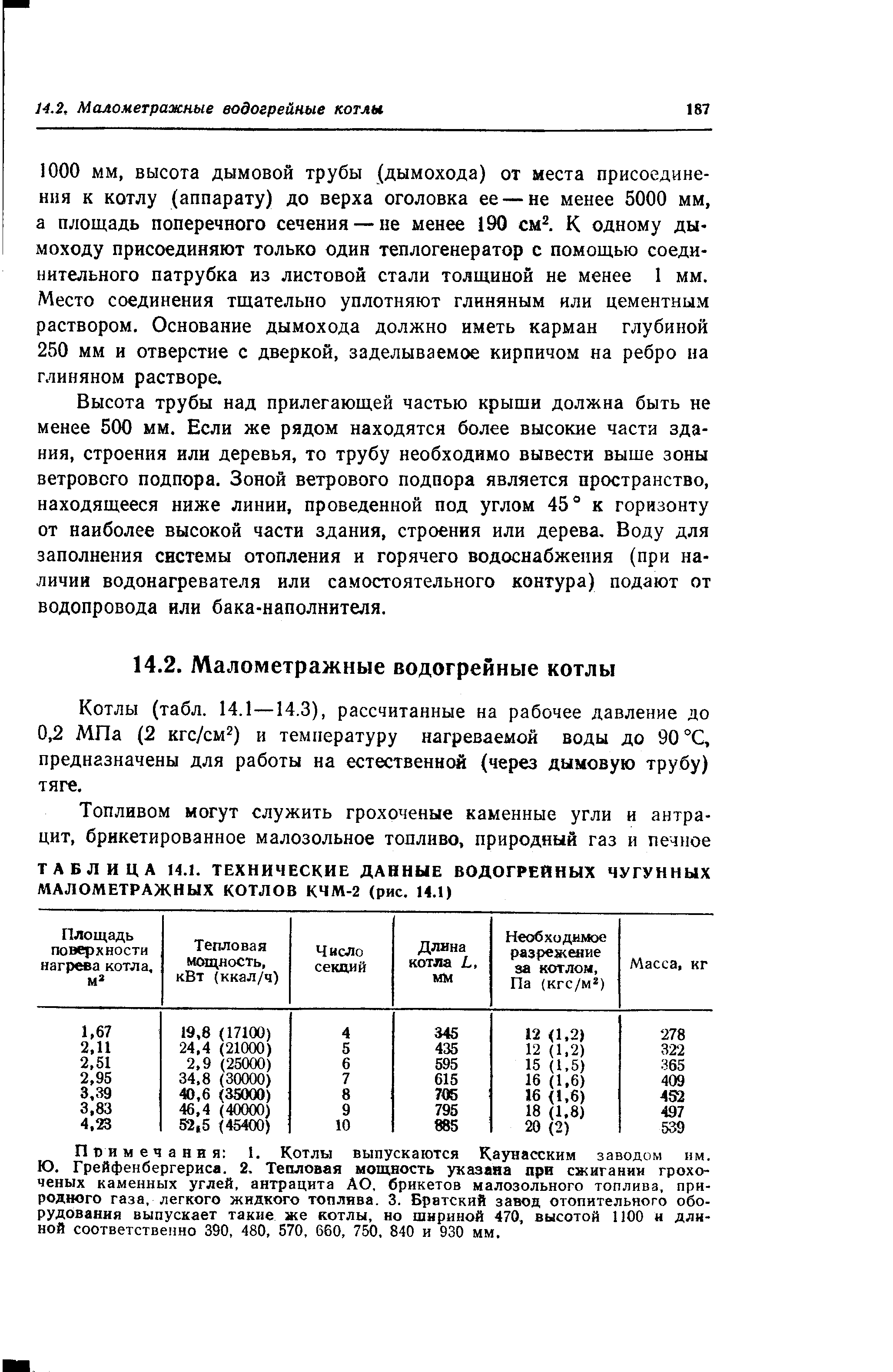 Котлы (табл. 14.1—14.3), рассчитанные на рабочее давление до 0,2 МПа (2 кгс/см2) и температуру нагреваемой воды до 90 °С, предназначены для работы на естественной (через дымовую трубу) тяге.
