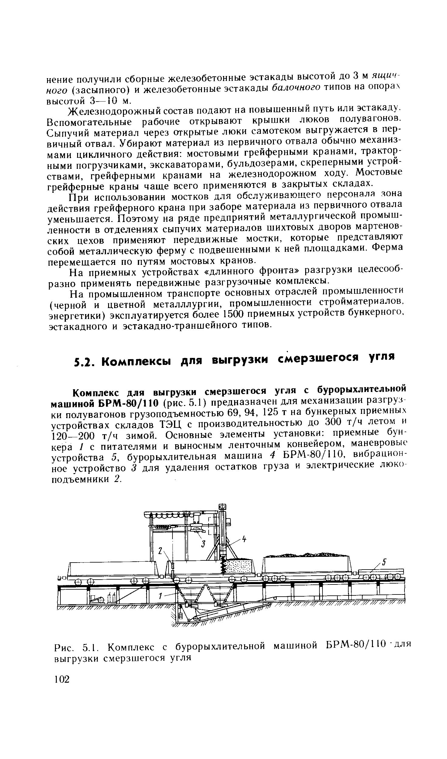 Комплекс для выгрузки смерзшегося угля с бурорыхлительной машиной БРМ-80/110 (рис. 5.1) предназначен для механизации разгруз ки полувагонов грузоподъемностью 69, 94, 125 т на бункерных приемны.х устройствах складов ТЭЦ с производительностью до 300 т/ч летом и 20—200 т/ч зимой. Основные элементы установки приемные бункера 1 с питателями и выносным ленточным конвейером, маневровые устройства 5, бурорыхлительная машина 4 БРМ-80/110, вибрационное устройство 3 для удаления остатков груза и электрические люкоподъемники 2.
