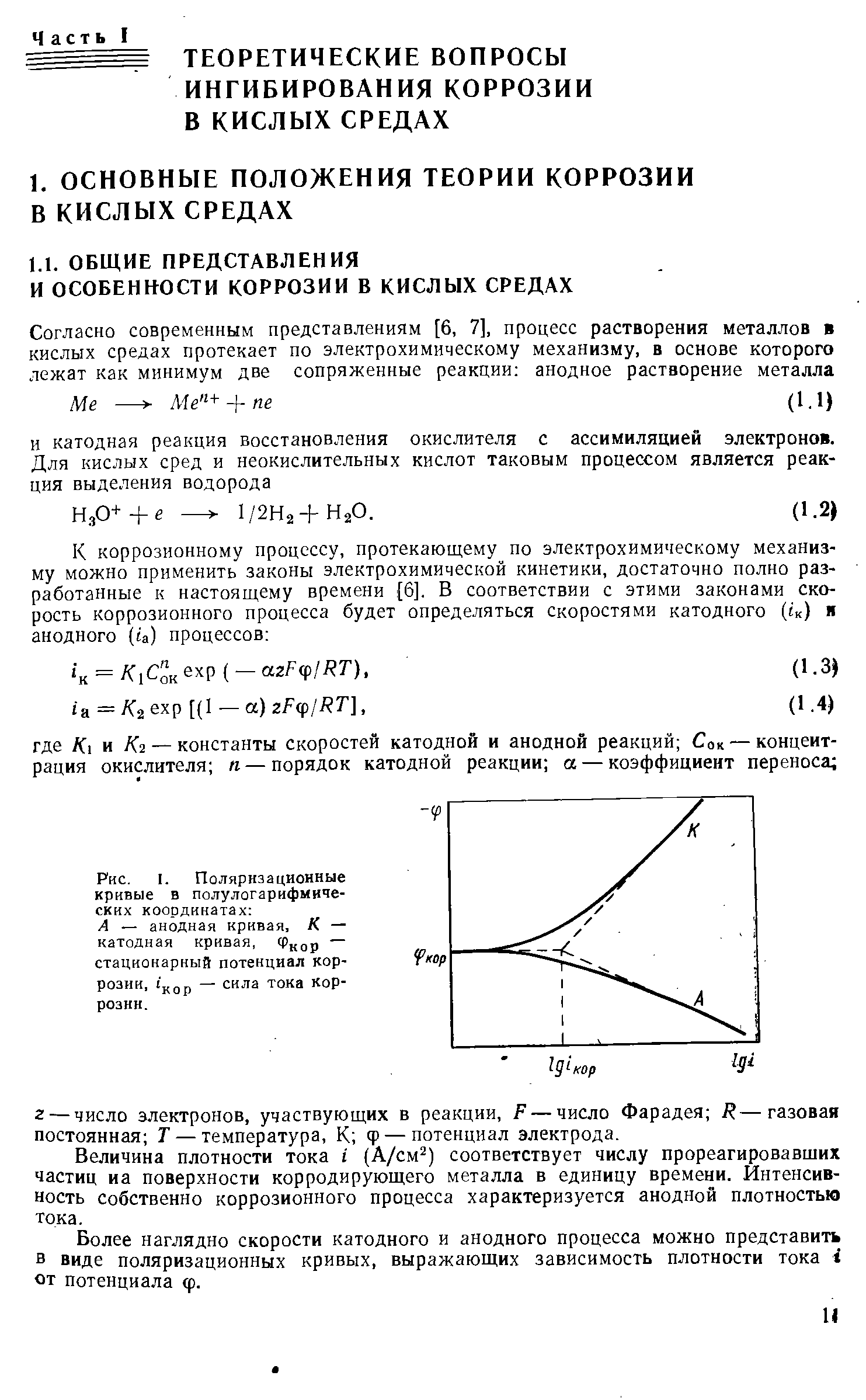 А — анодная кривая, К — катодная кривая, ф ор стационарный потенциал коррозии, ijjgp — сила тока коррозии.
