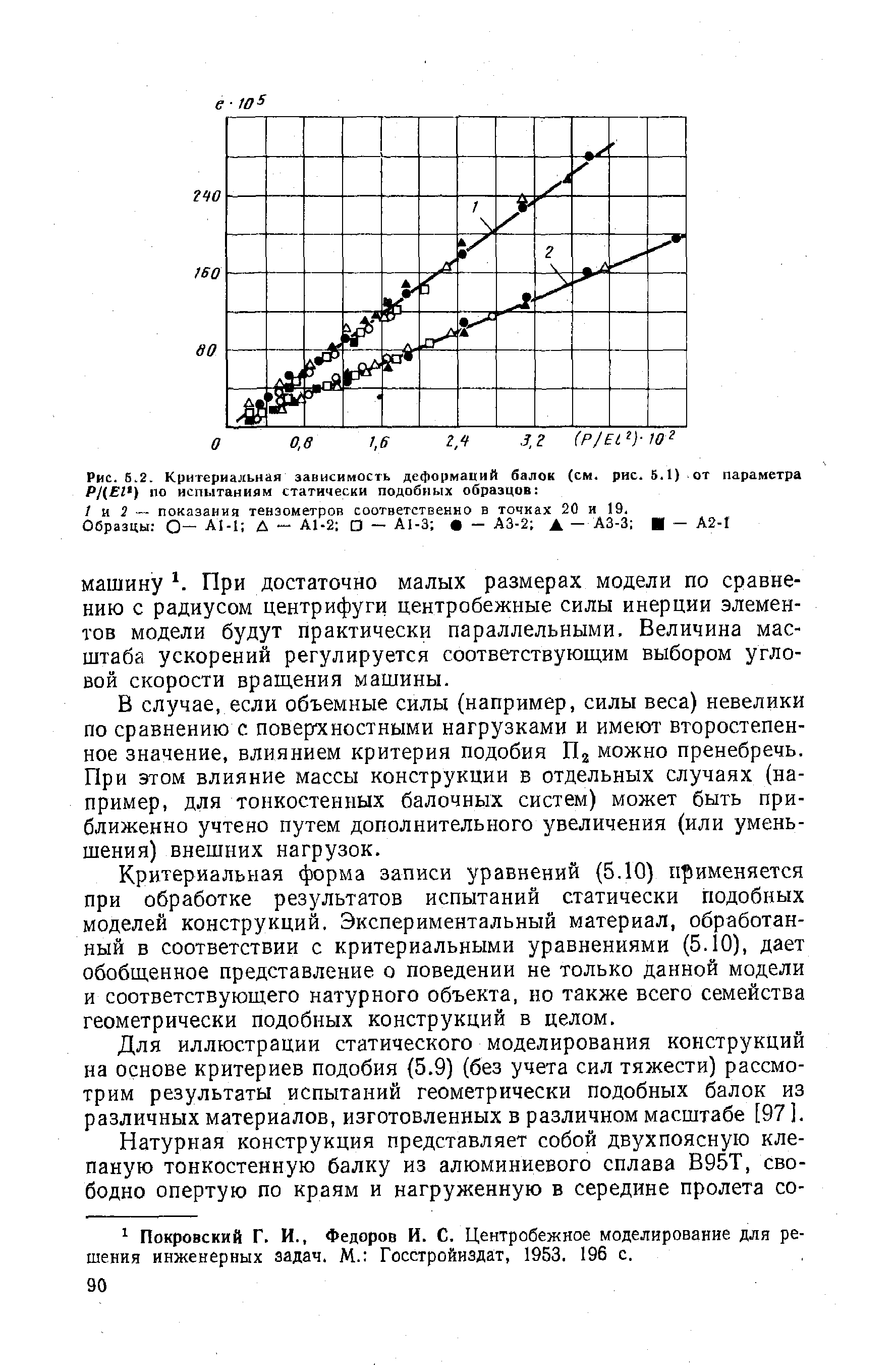 Рис. 6.2. Критериальная зависимость деформаций балок (см. рис. 5.1) от параметра Р/(Е1 ) по испытаниям статически подобных образцов 