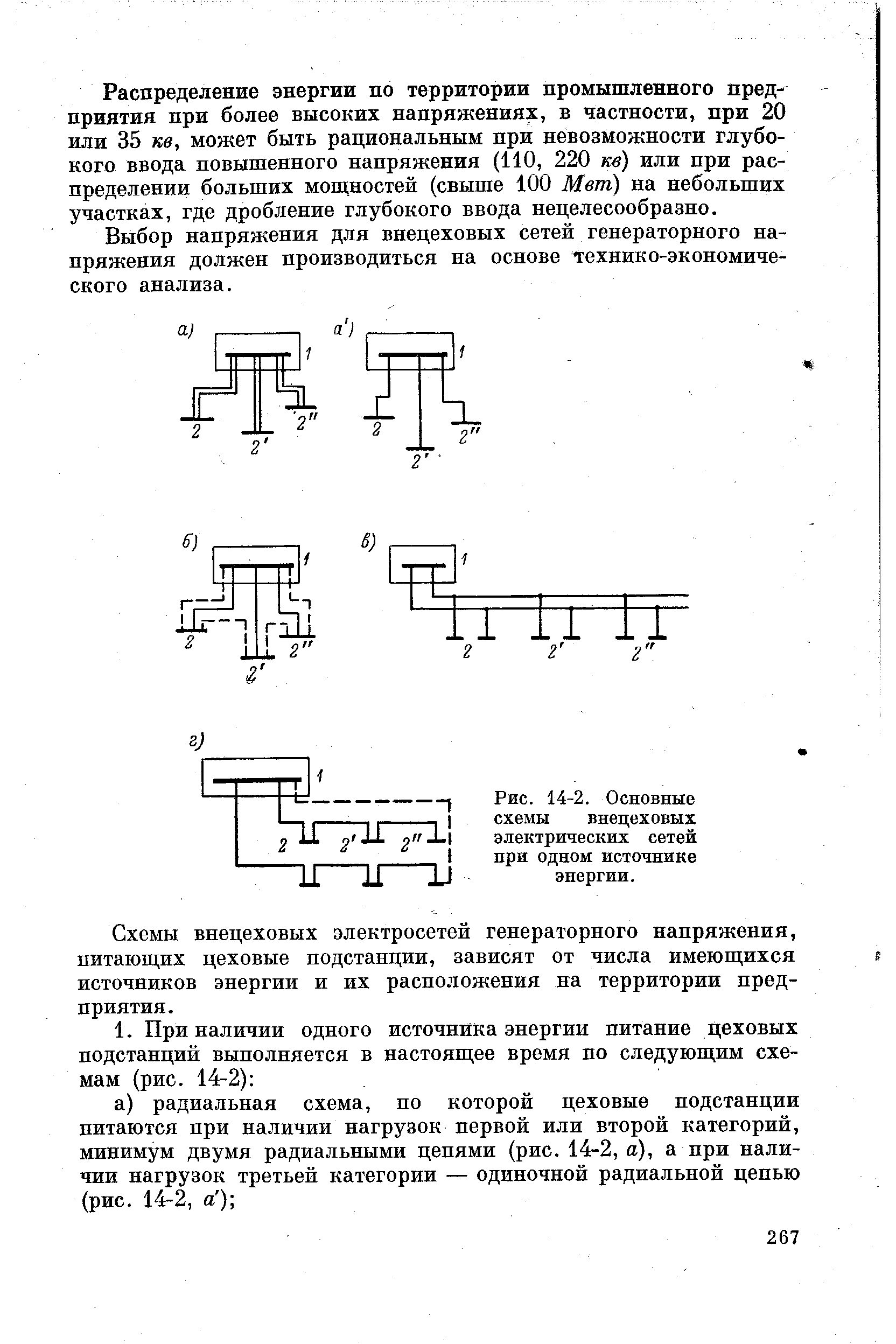 Рис. 14-2. Основные схемы внецеховых электрических сетей при одном источнике энергии.
