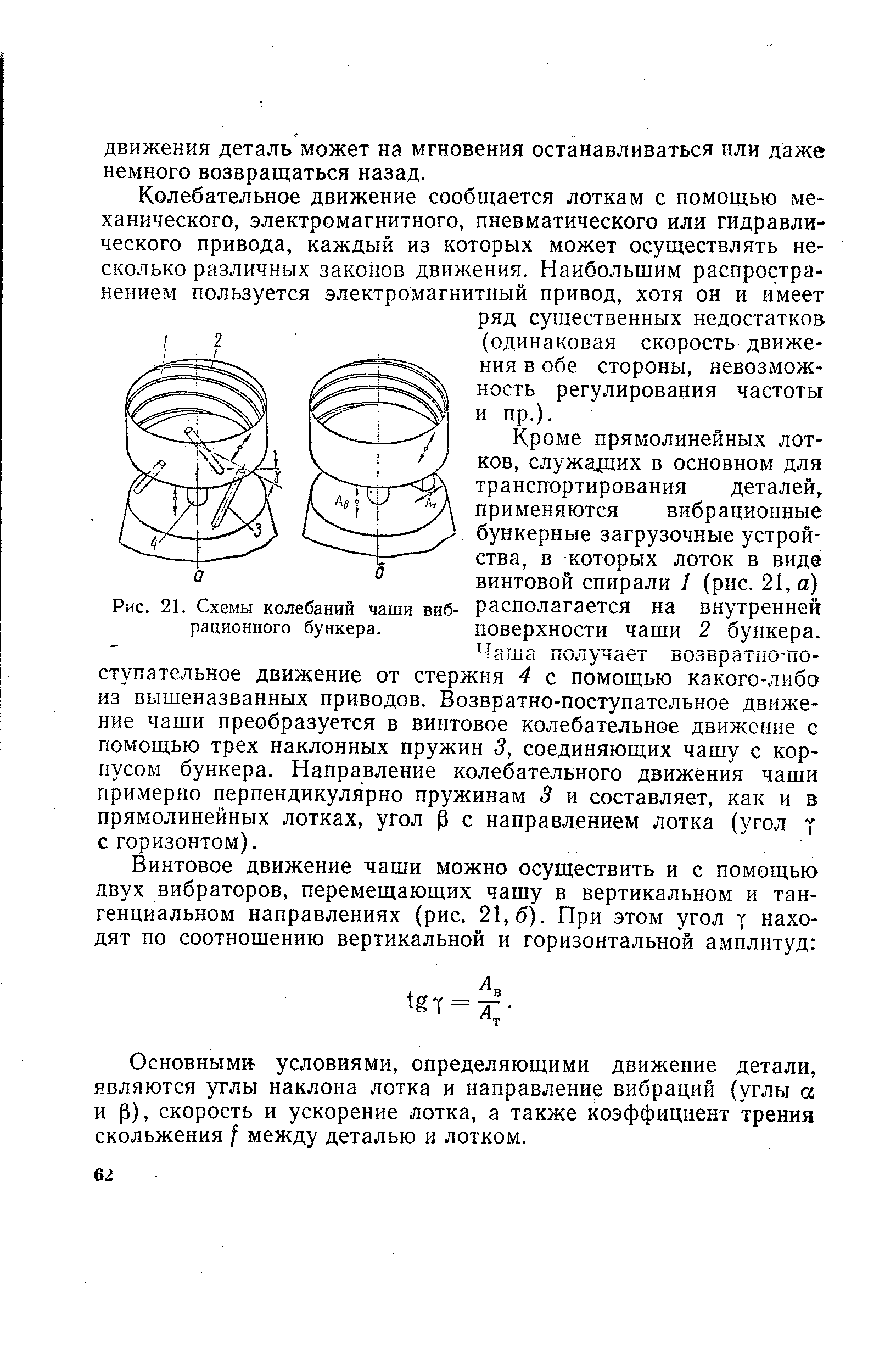 Кроме прямолинейных лотков, служадцих в основном для транспортирования деталей, применяются вибрационные бункерные загрузочные устройства, в которых лоток в виде винтовой спирали 1 (рис. 21, а) Рис. 21. Схемы колебаний чаши виб- располагается на внутренней рационного бункера. поверхности чаши 2 бункера.
