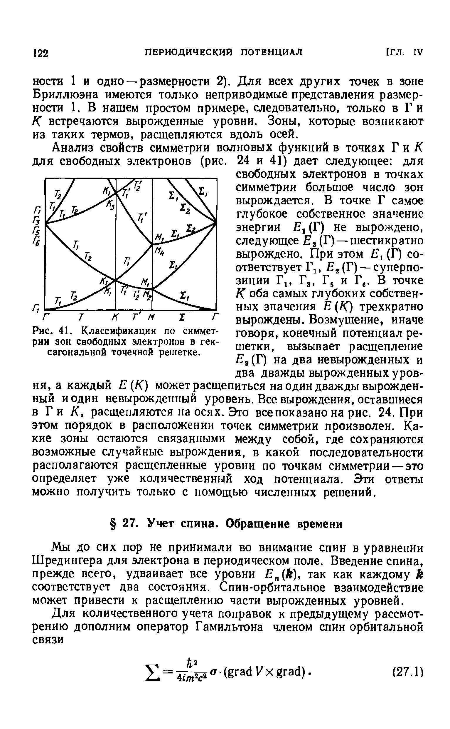 Мы до сих пор не принимали во внимание спин в уравнении Шредингера для электрона в периодическом поле. Введение спина, прежде всего, удваивает все уровни Е к), так как каждому к соответствует два состояния. Спин-орбитальное взаимодействие может привести к расщеплению части вырожденных уровней.

