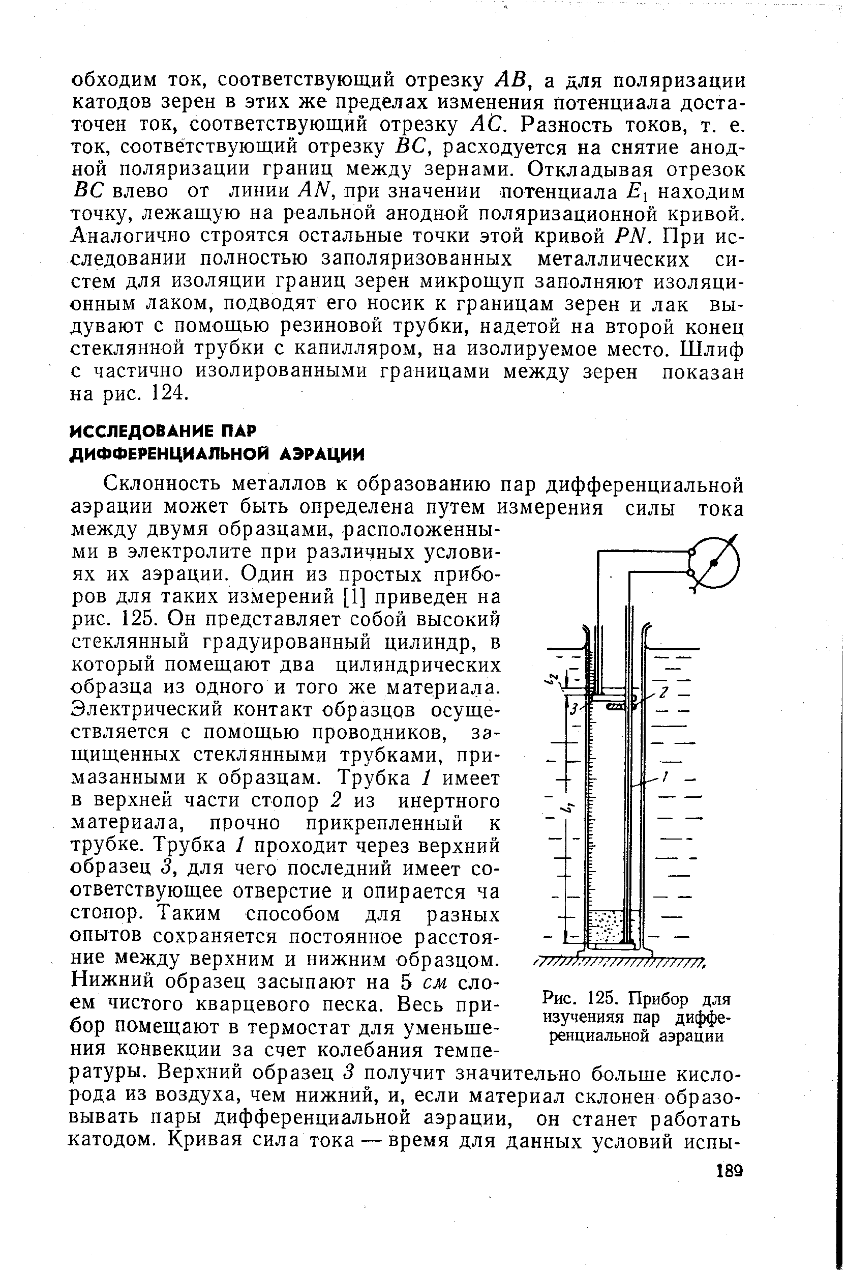 Склонность металлов к образованию пар дифференциальной аэрации может быть определена путем измерения силы тока между двумя образцами, расположенными в электролите при различных условиях их аэрации. Один из простых приборов для таких измерений [1] приведен на рис. 125. Он представляет собой высокий стеклянный градуированный цилиндр, в который помещают два цилиндрических образца из одного и того же материала.
