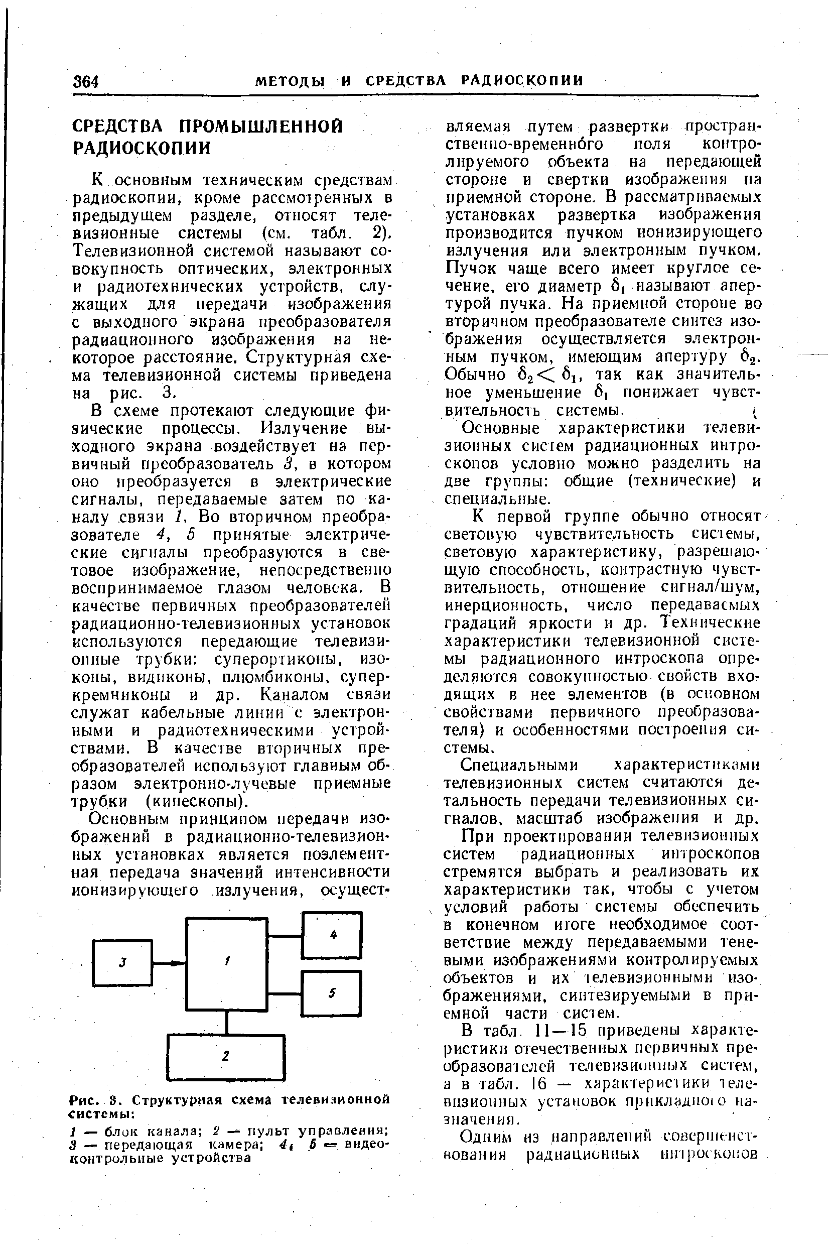 К основным техническим средствам радиоскопии, кроме рассмотренных в предыдущем разделе, относят телевизионные системы (см. табл. 2). Телевизионной системой называют совокупность оптических, электронных и радиотехнических устройств, служащих для передачи изображения с выходного экрана преобразователя радиационного изображения на некоторое расстояние. Структурная схема телевизионной системы приведена на рис. 3.
