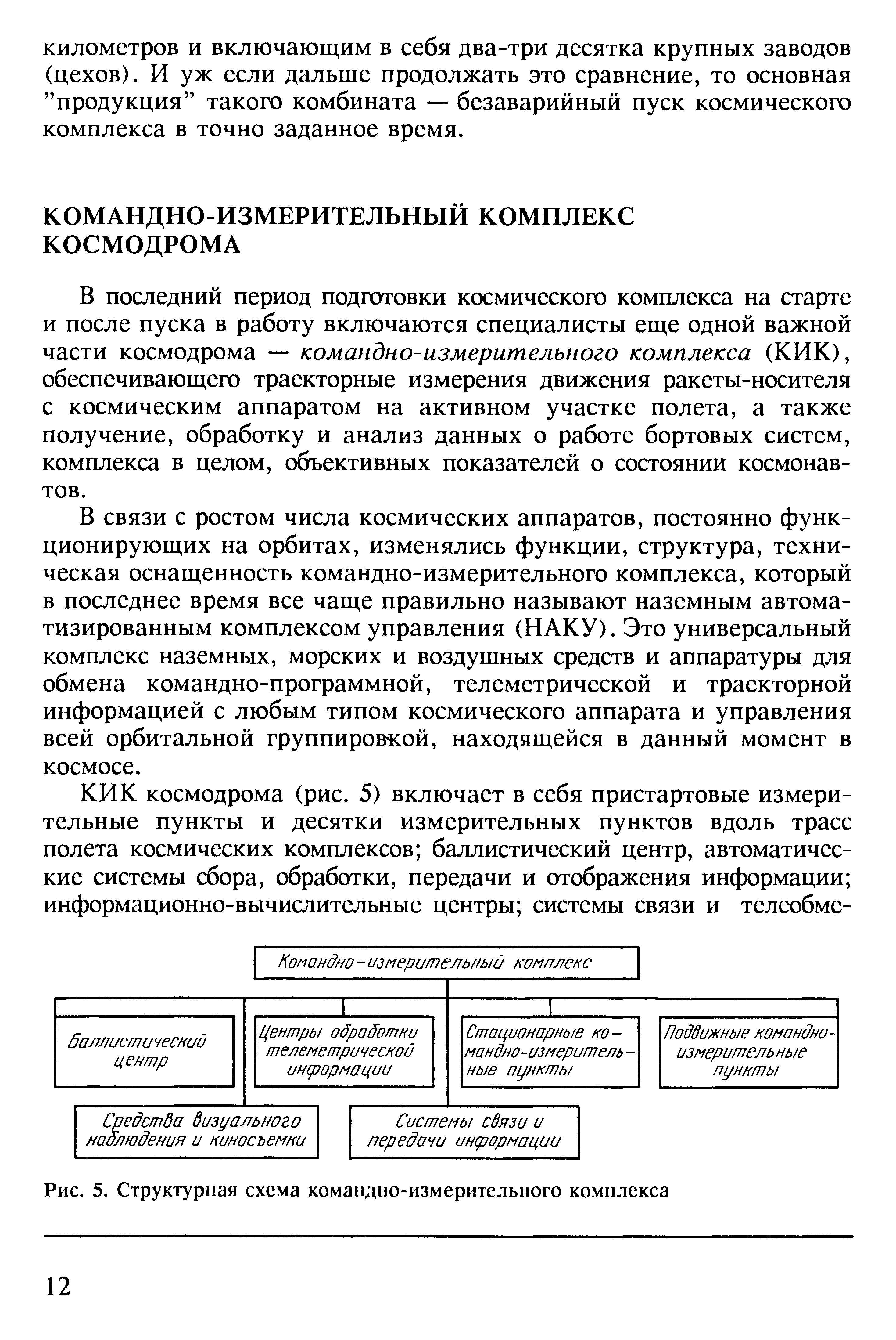 В последний период подготовки космического комплекса на старте и после пуска в работу включаются специалисты еще одной важной части космодрома — командно-измерительного комплекса (КИК), обеспечивающего траекторные измерения движения ракеты-носителя с космическим аппаратом на активном участке полета, а также получение, обработку и анализ данных о работе бортовых систем, комплекса в целом, объективных показателей о состоянии космонавтов.
