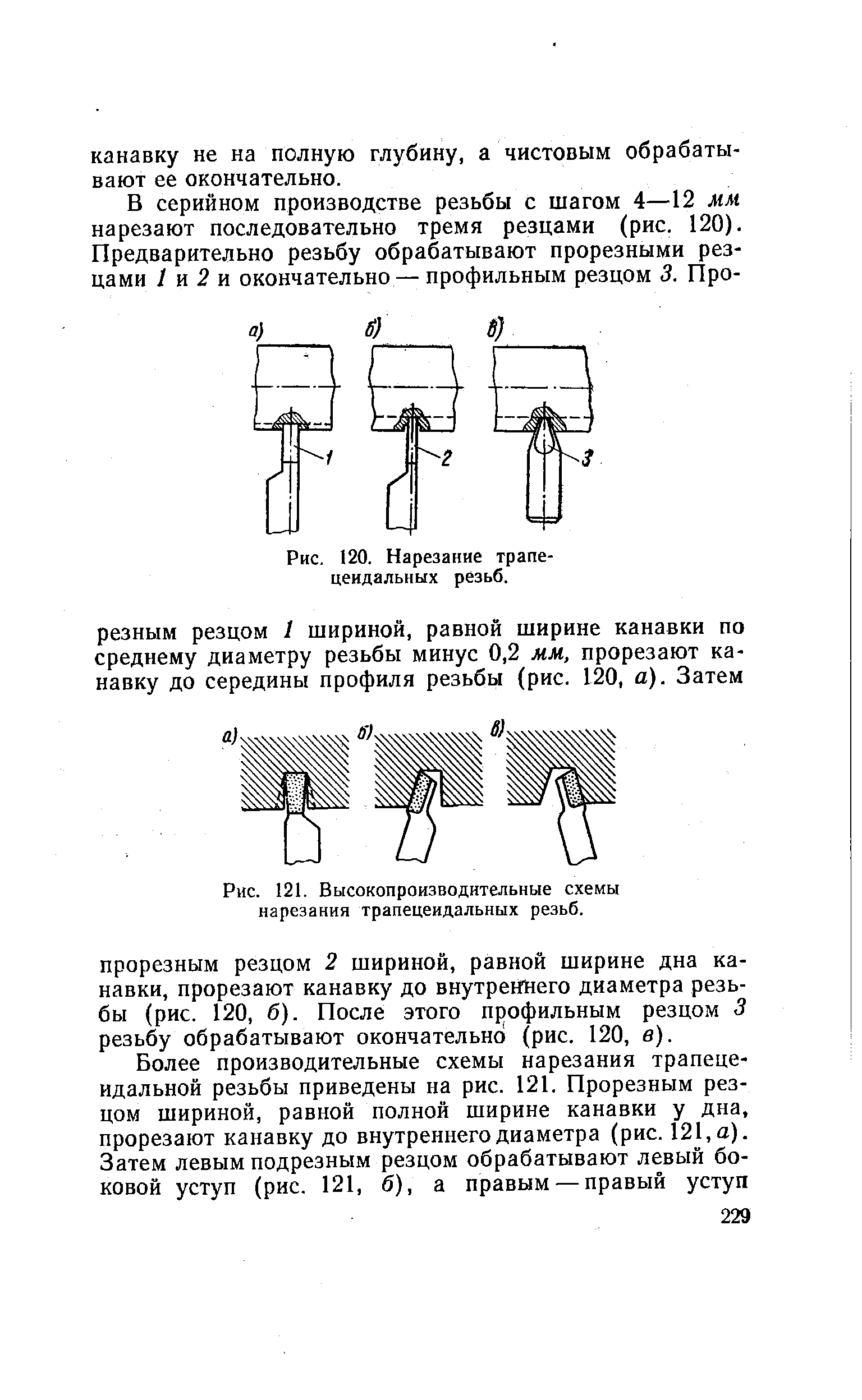 Рис. 121. Высокопроизводительные схемы нарезания трапецеидальных резьб.
