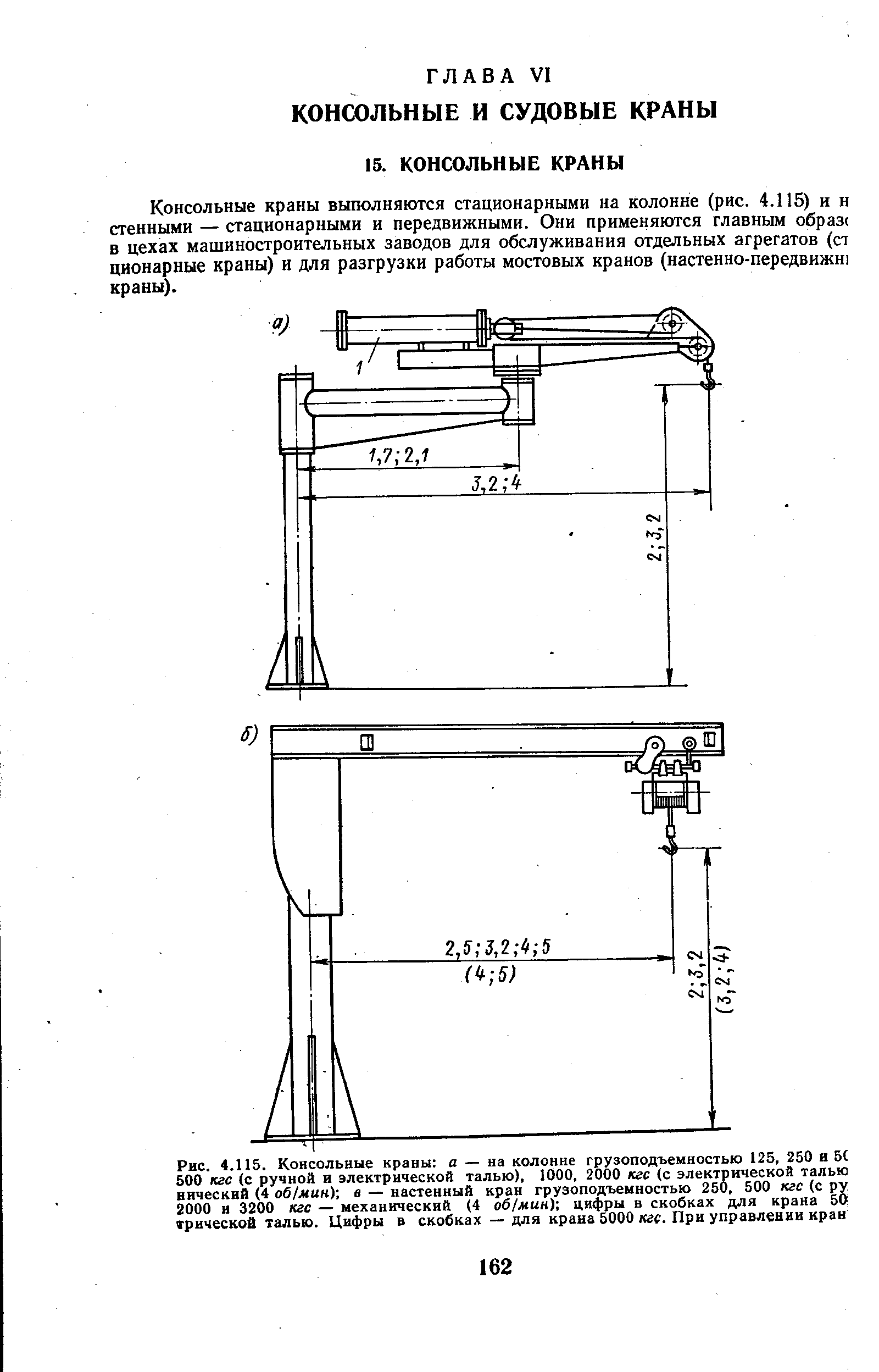 Консольные краны выполняются стационарными на колонне (рис. 4.115) и и стенными — стационарными и передвижными. Они применяются главным образ в цехах машиностроительных заводов для обслуживания отдельных агрегатов (ст ционарные краны) и для разгрузки работы мостовых кранов (настенно-передвижн краны).
