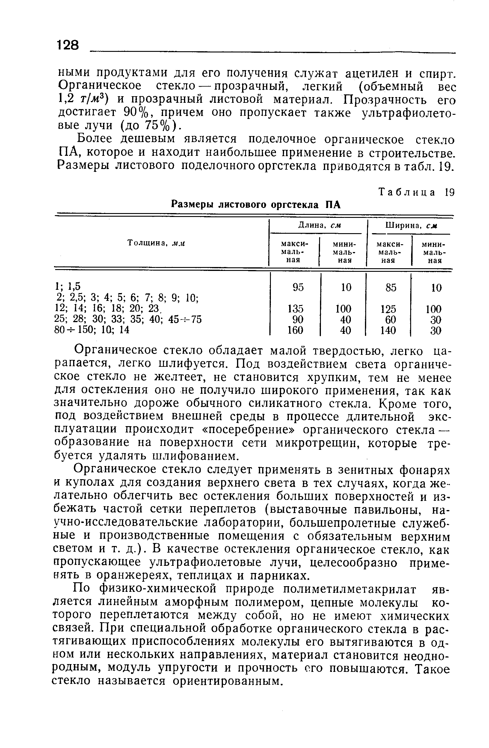 Более дешевым является поделочное органическое стекло ПА, которое и находит наибольшее применение в строительстве. Размеры листового поделочного оргстекла приводятся в табл. 19.
