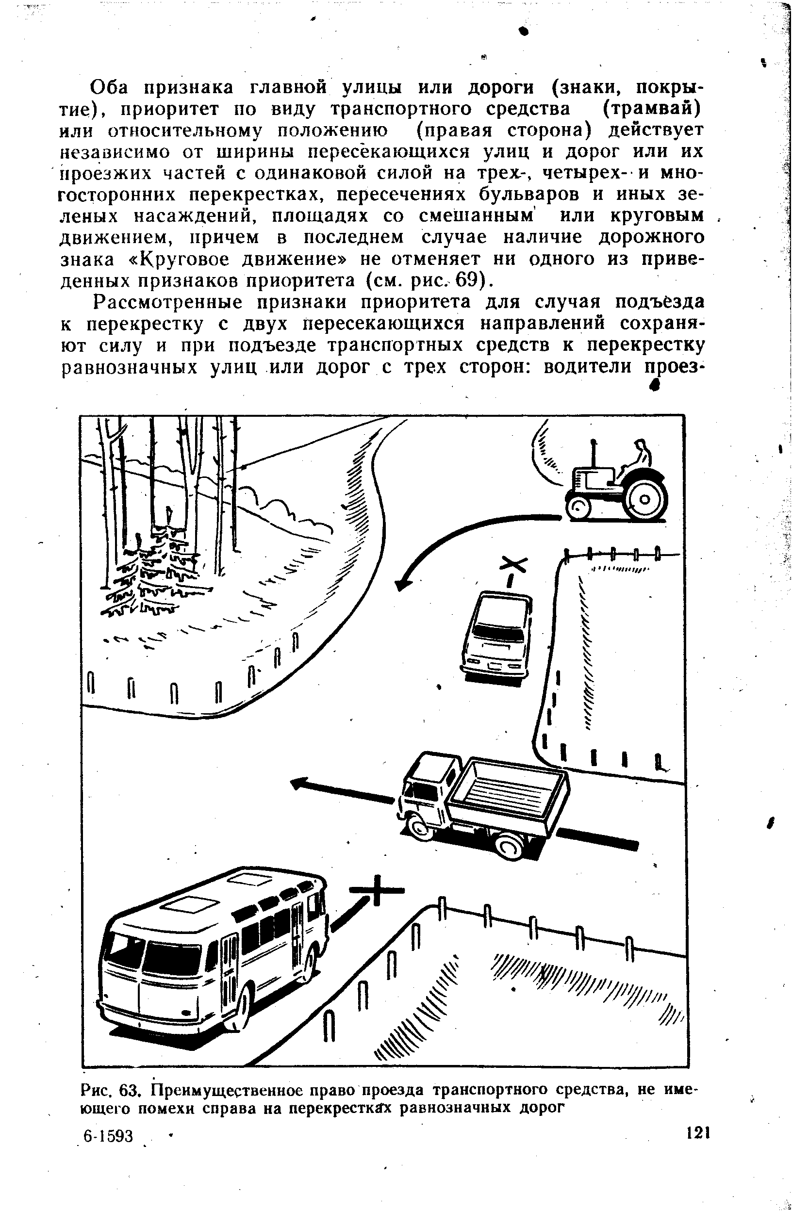 Рис. 63. Преимущественное право проезда <a href="/info/348618">транспортного средства</a>, не имеющего помехи справа на перекрестках равнозначных дорог
