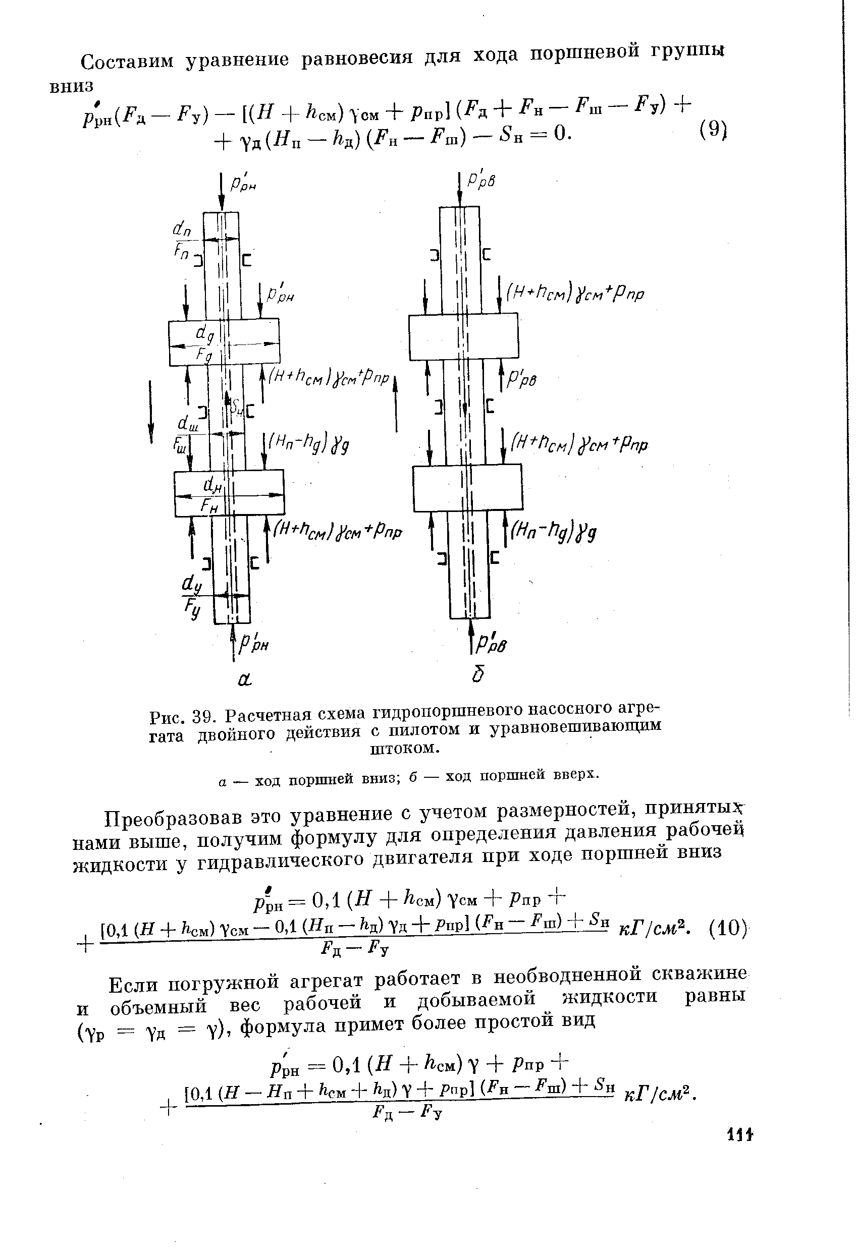 Рис. 39. Расчетная схема гидропоршневого насосного агрегата <a href="/info/447650">двойного действия</a> с пилотом и уравновешивающим штоком.
