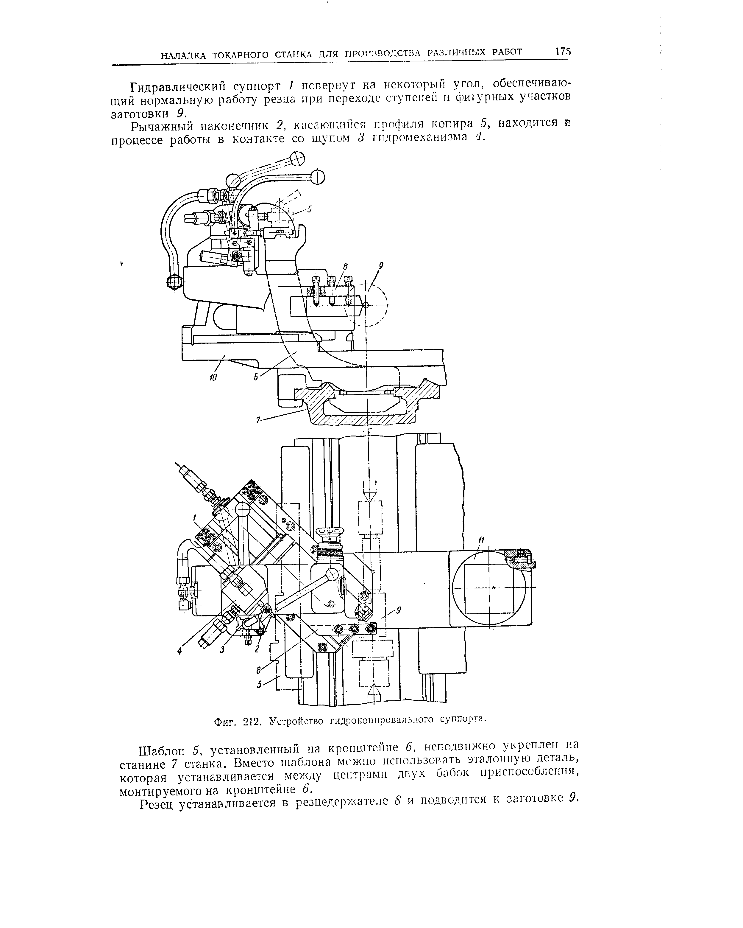 Гидравлический суппорт 1 повернут иа некоторый угол, обеспечивающий нормальную работу резца при переходе ступсне и фигурных участков заготовки 9.

