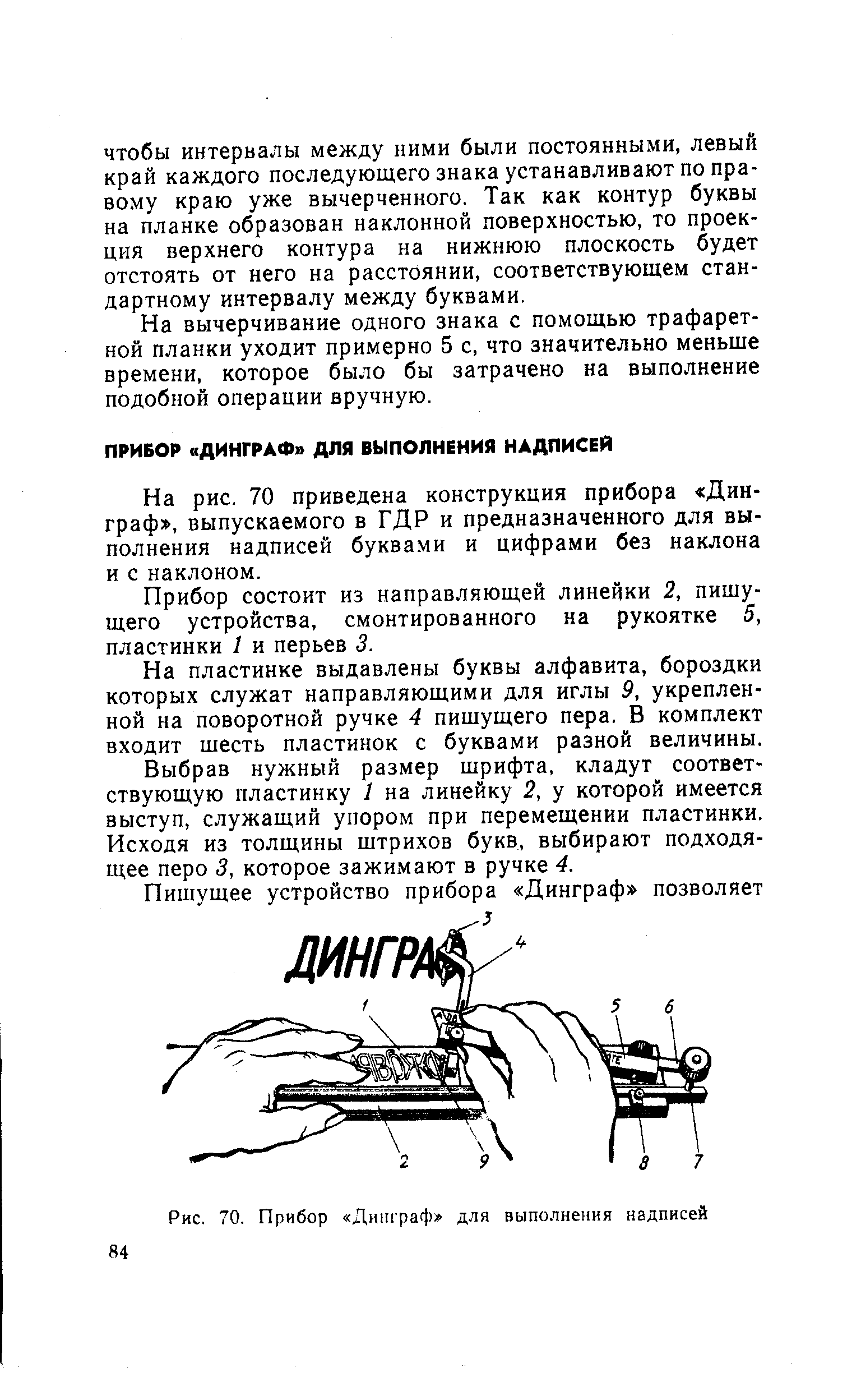 На рис. 70 приведена конструкция прибора Дин-граф , выпускаемого в ГДР и предназначенного для выполнения надписей буквами и цифрами без наклона и с наклоном.
