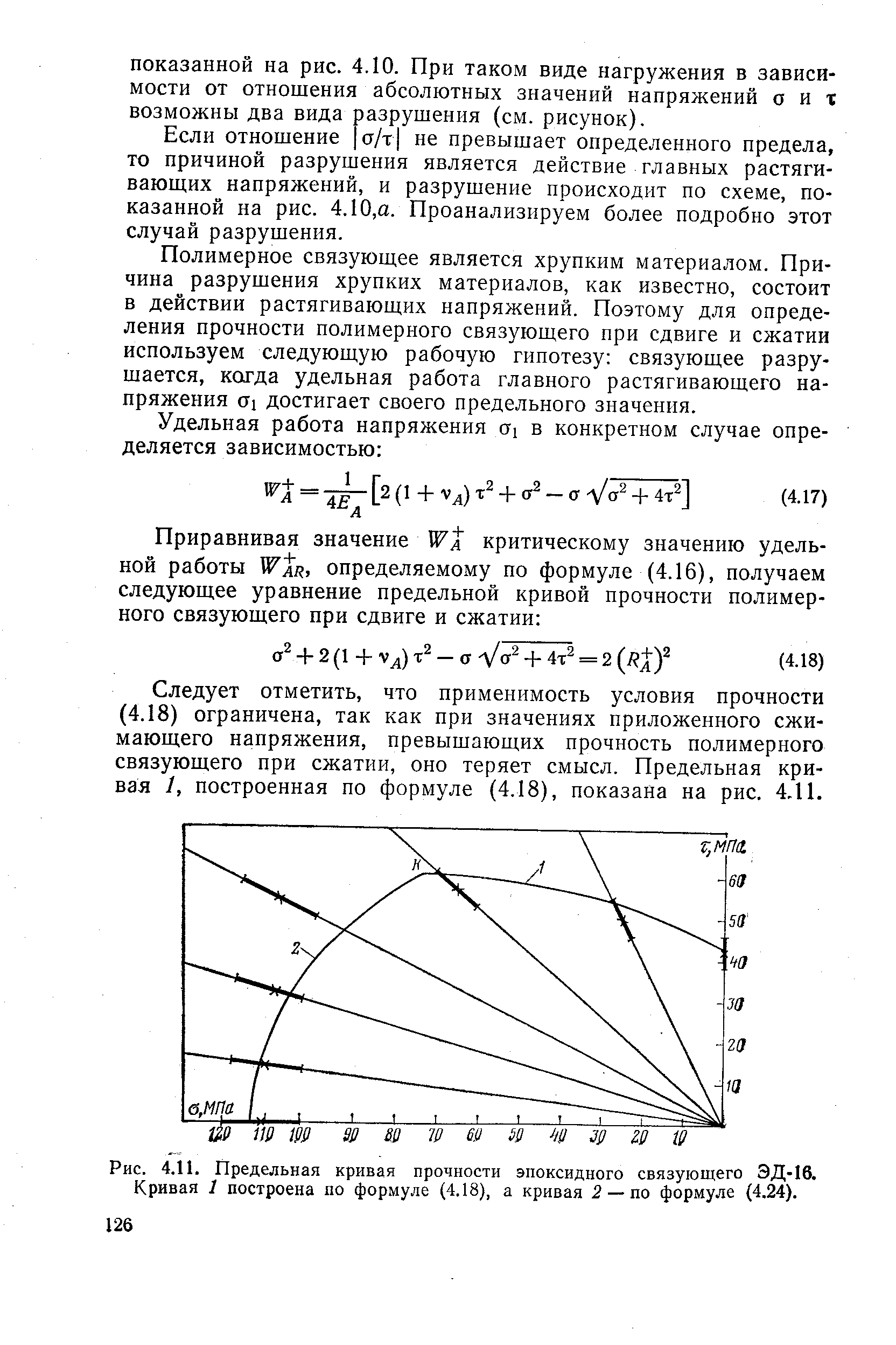 Рис. 4.11. Предельная кривая прочности эпоксидного связующего ЭД-16. Кривая 1 построена по формуле (4.18), а кривая 2 — по формуле (4.24).
