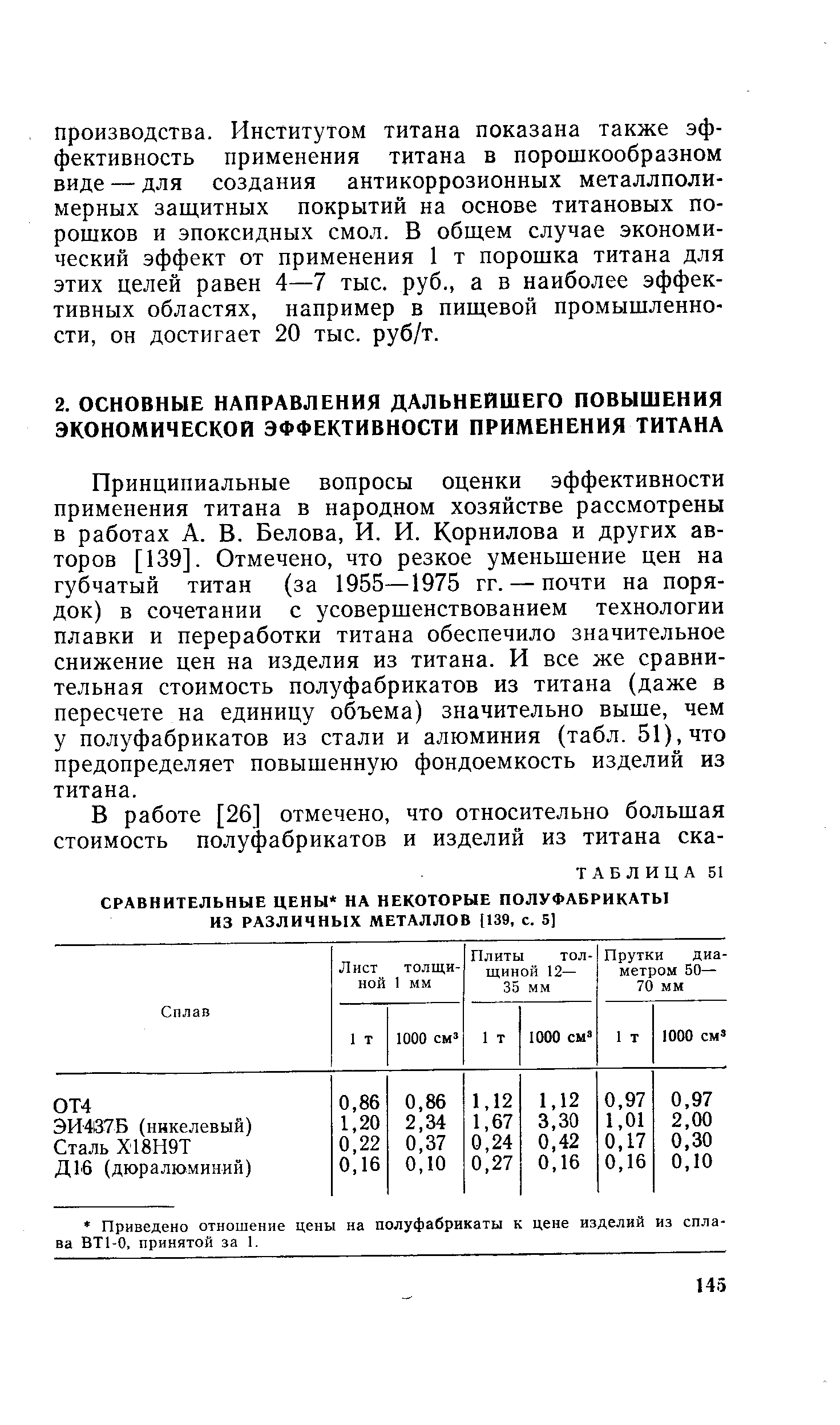 Принципиальные вопросы оценки эффективности применения титана в народном хозяйстве рассмотрены в работах А. В. Белова, И. И. Корнилова и других авторов [139]. Отмечено, что резкое уменьшение цен на губчатый титан (за 1955—1975 гг. — почти на порядок) в сочетании с усовершенствованием технологии плавки и переработки титана обеспечило значительное снижение цен на изделия из титана. И все же сравнительная стоимость полуфабрикатов из титана (даже в пересчете на единицу объема) значительно выше, чем у полуфабрикатов из стали и алюминия (табл. 51), что предопределяет повышенную фондоемкость изделий из титана.
