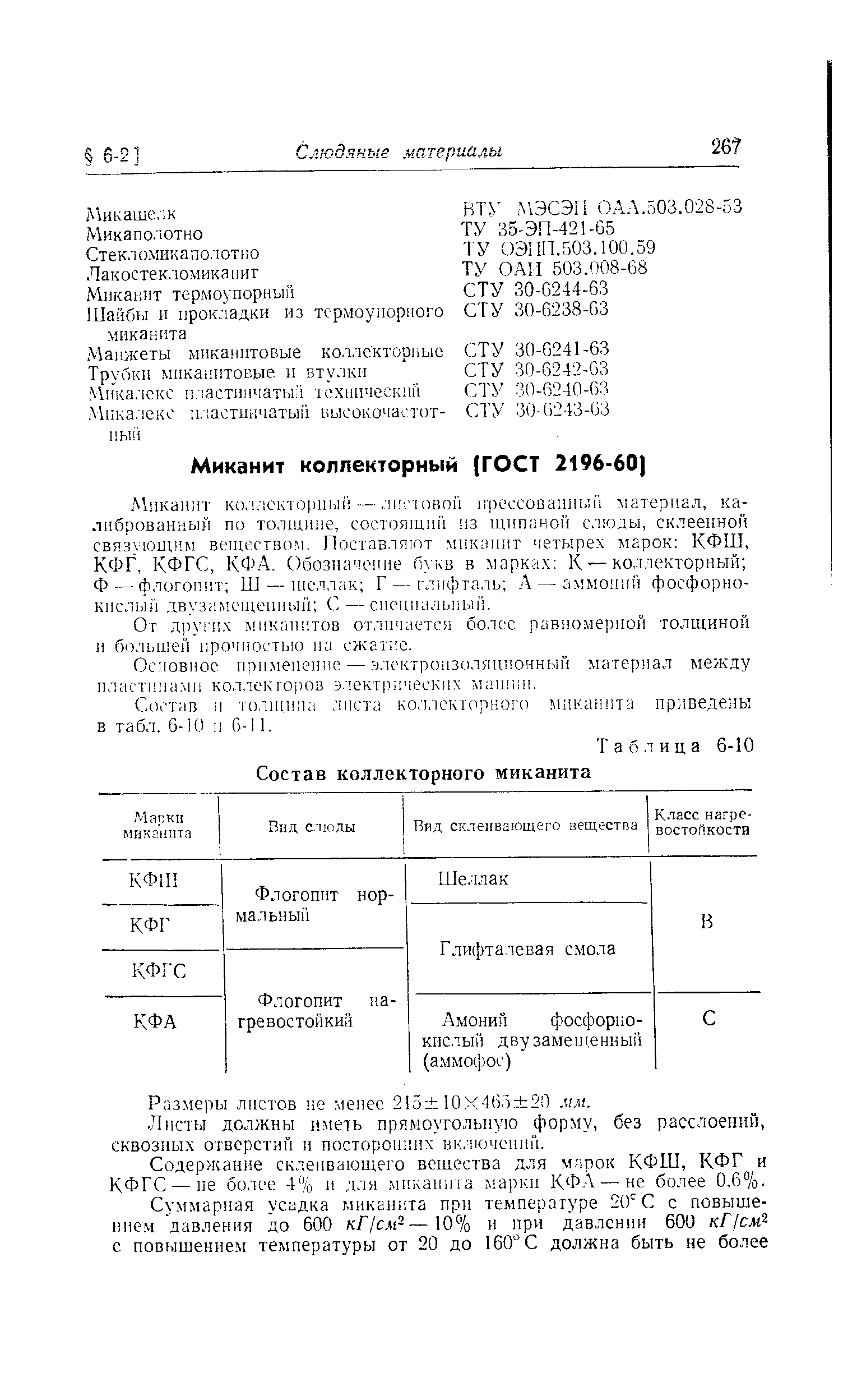 Состав и толщина листа коллекторного миканита приведены в табл. 6-10 и 0-11.
