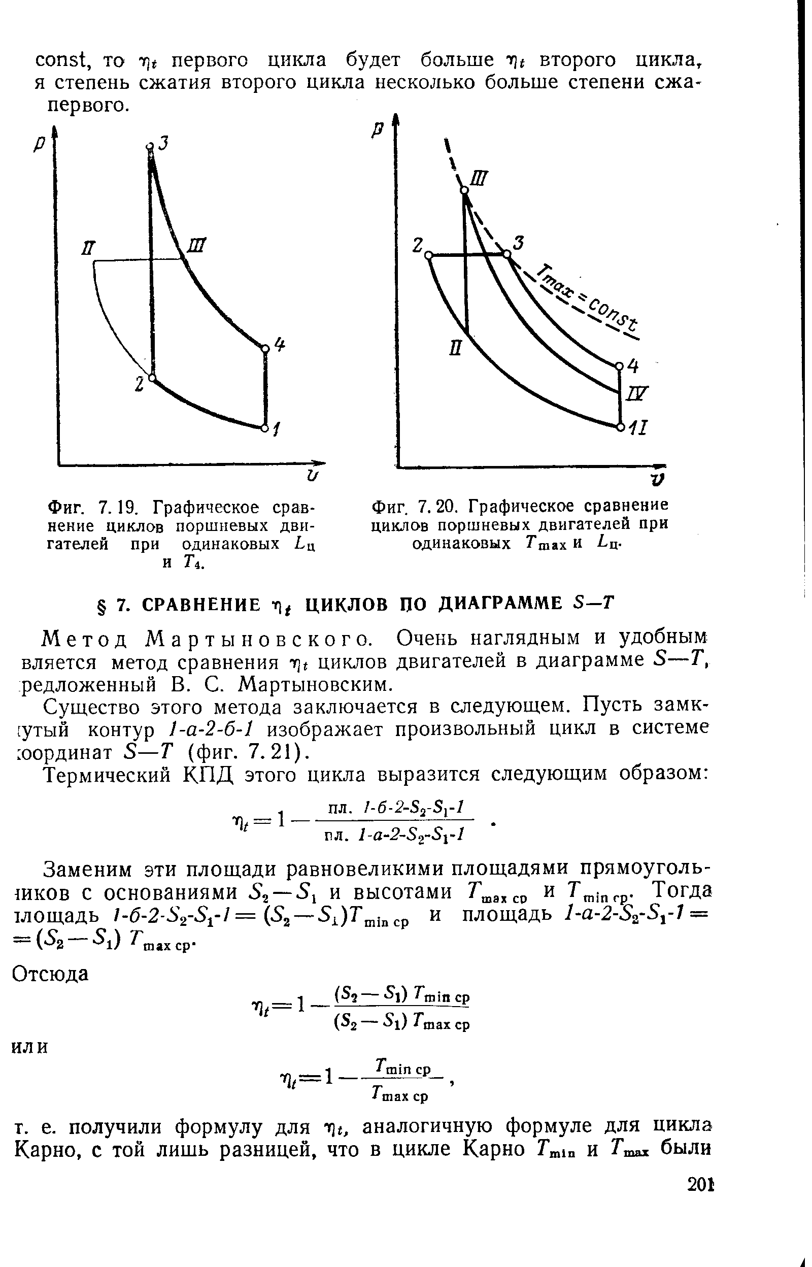Фиг. 7.19. Графическое сравнение циклов поршневых двигателей при одинаковых Ьц и Г4.

