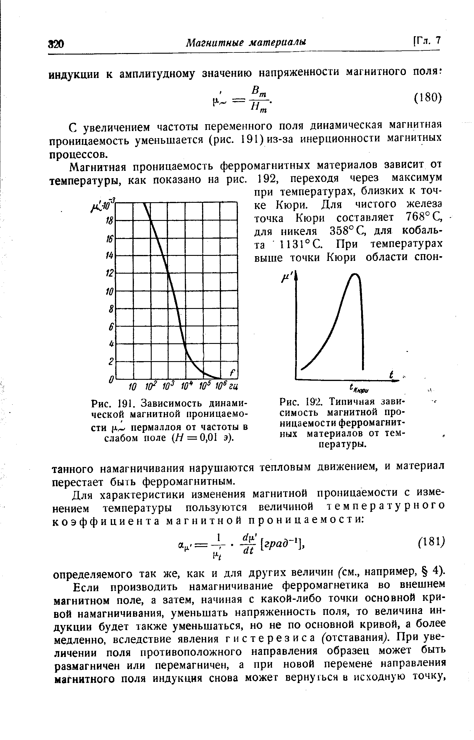 Рис. ]91. Зависимость динамической магнитной проницаемости пермаллоя от частоты в слабом поле (Л/= 0,01 э).
