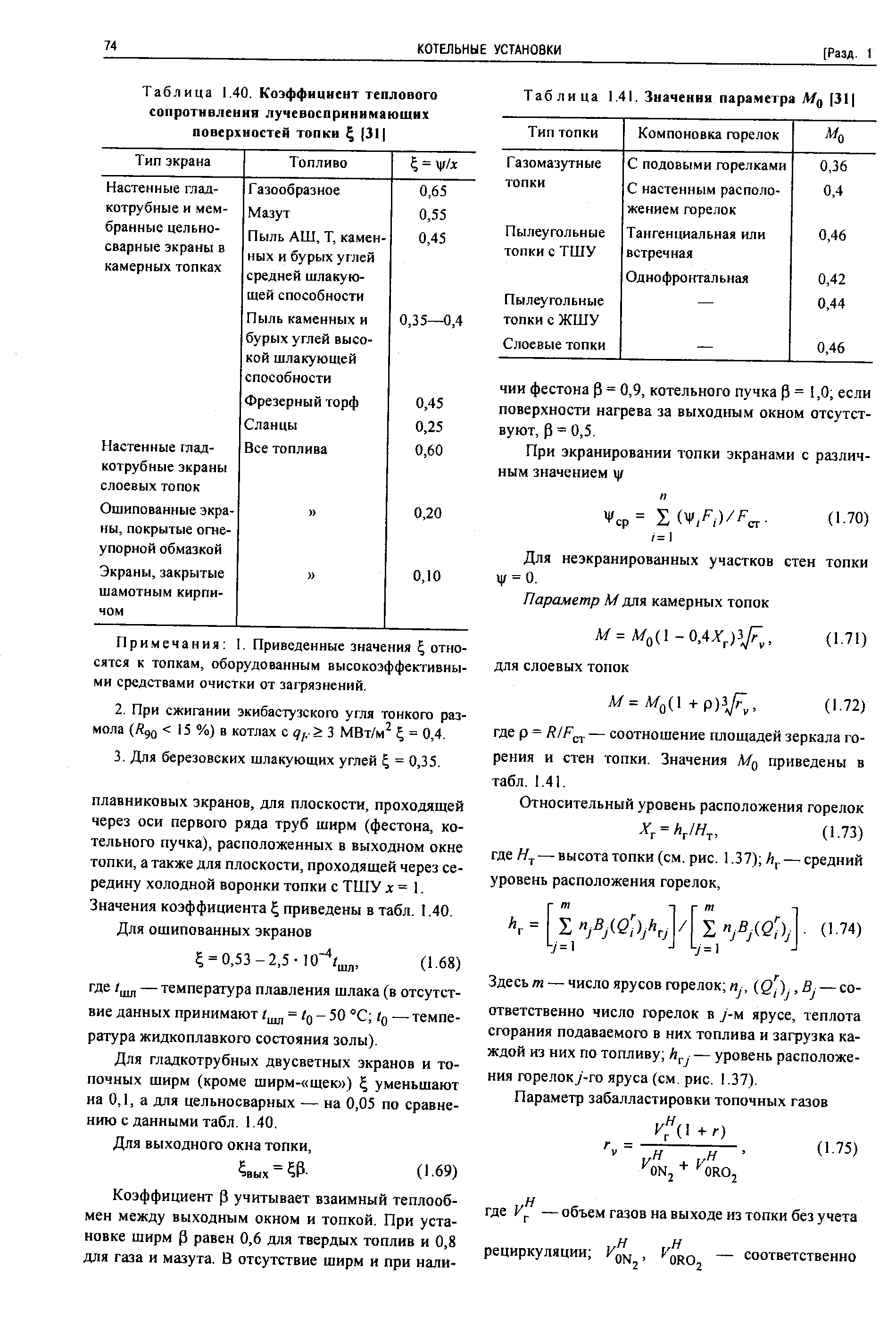 Таблица 1.40. Коэффициент теплового сопротивлении лучевоспринимающих поверхностей топки 31 
