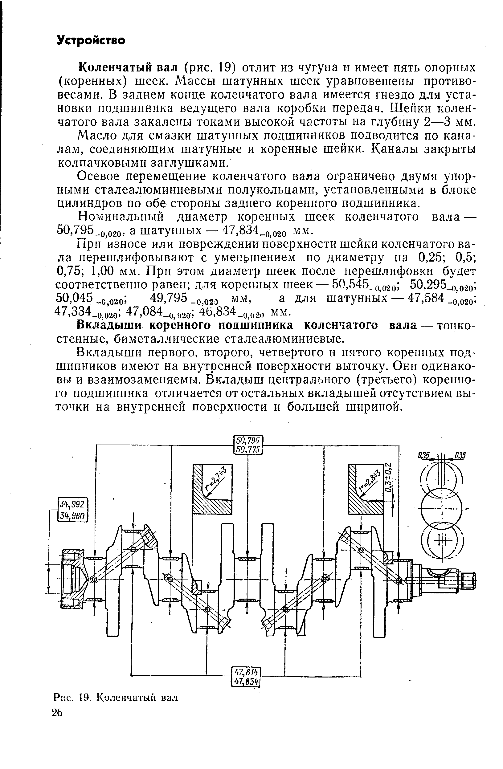 Коленчатый вал (рис. 19) отлит из чугуна и имеет пять опорных (коренных) шеек. Массы шатунных шеек уравновешены противовесами. В заднем конце коленчатого вала имеется гнездо для установки подшипника ведущего вала коробки передач. Шейки коленчатого вала закалены токами высокой частоты на глубину 2—3 мм.
