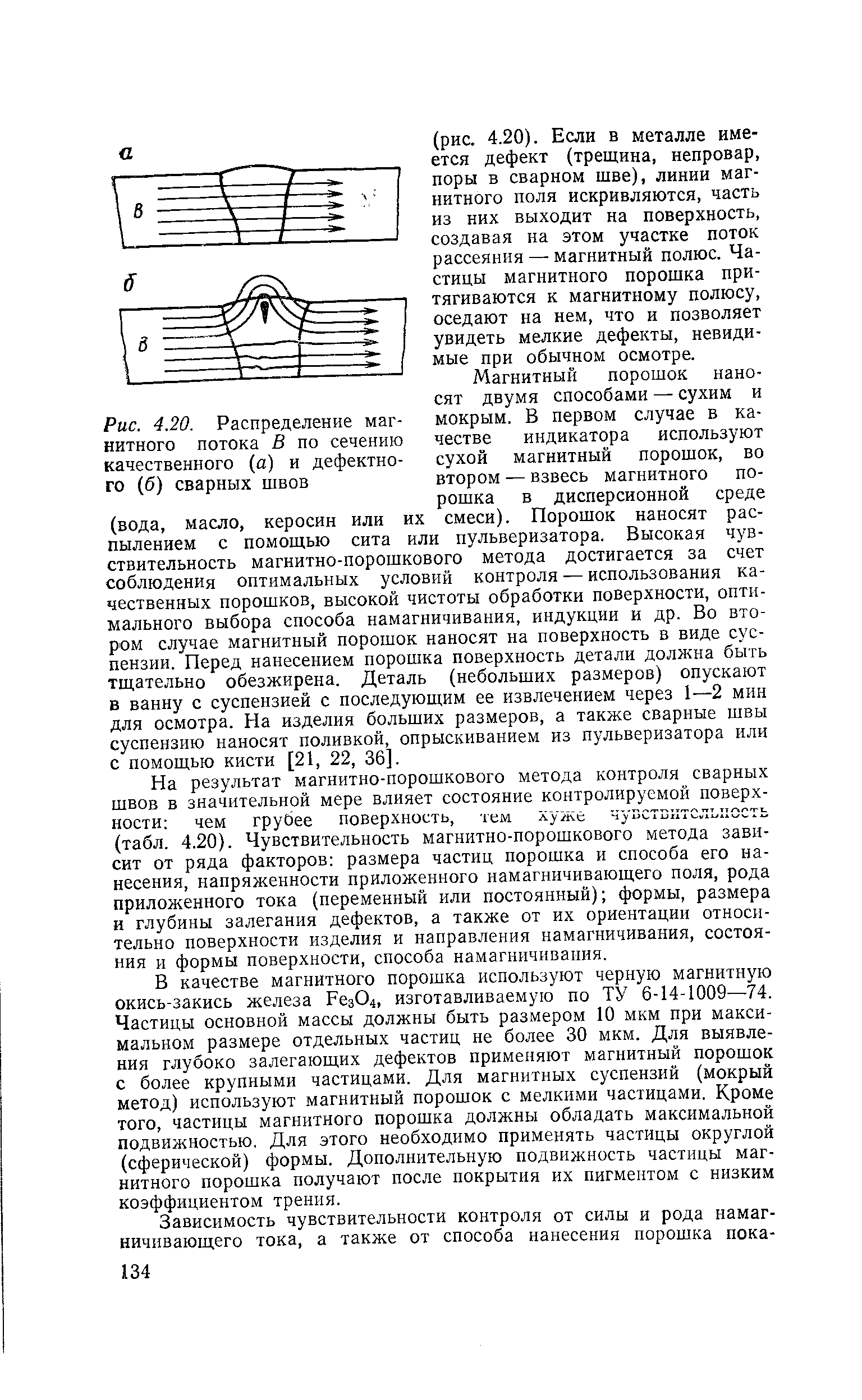 На результат магнитно-порошкового метода контроля сварных швов в значительной мере влияет состояние контролируемой поверхности чем грубее поверхность, чем хуже чусстЕйтсльность (табл. 4.20). Чувствительность магнитно-порошкового метода зависит от ряда факторов размера частиц порошка и способа его нанесения, напряженности приложенного намагничивающего поля, рода приложенного тока (переменный или постоянный) формы, размера и глубины залегания дефектов, а также от их ориентации относительно поверхности изделия и направления намагничивания, состояния и формы поверхности, способа намагничивания.
