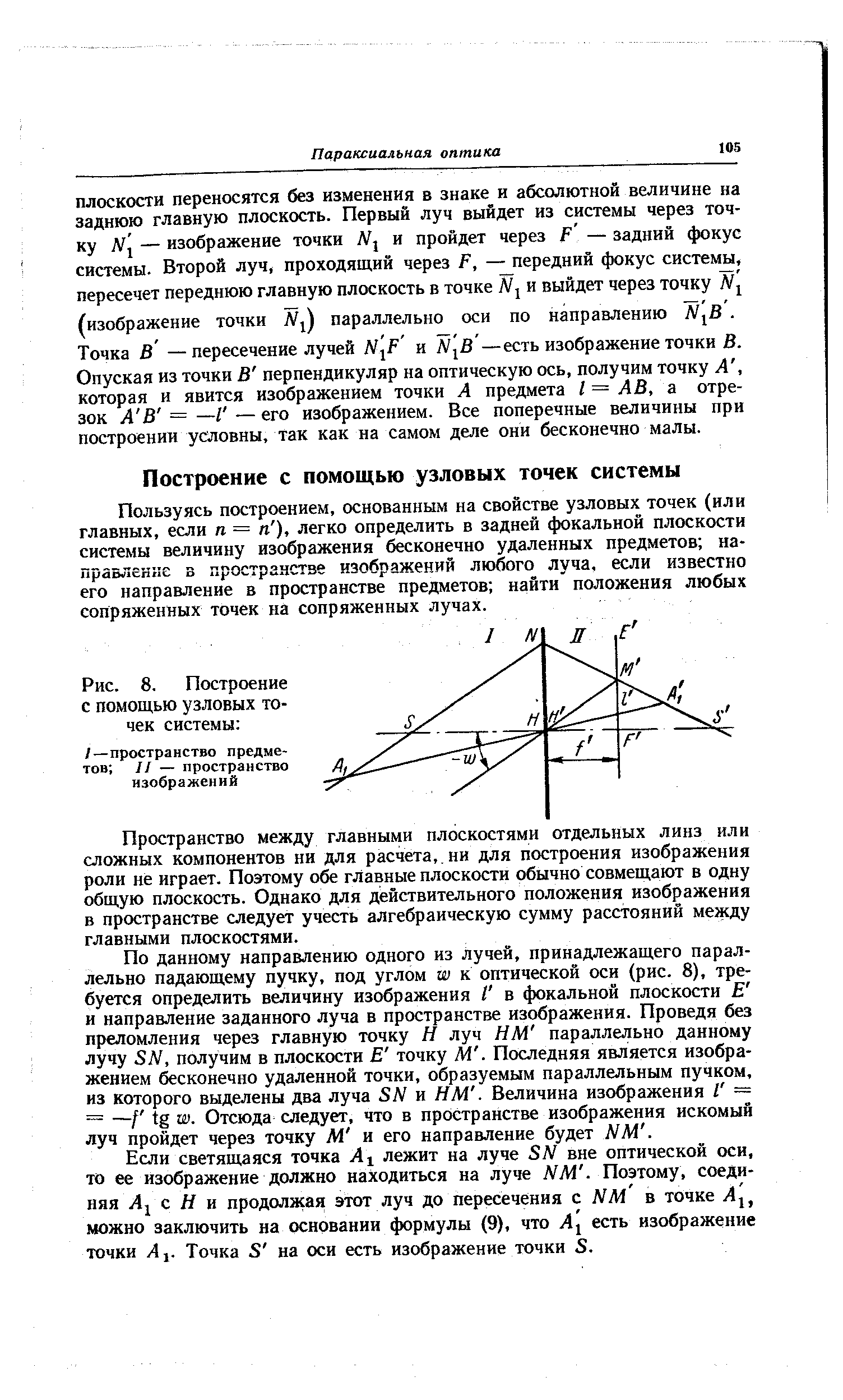 Пользуясь построением, основанным на свойстве узловых точек (или главных, если я = ), легко определить в задней фокальной плоскости системы величину изображения бесконечно удаленных предметов на-правленяе в пространстве изображений любого луча, если известно его направление в пространстве предметов найти положения любых сопряженных точек на сопряженных лучах.
