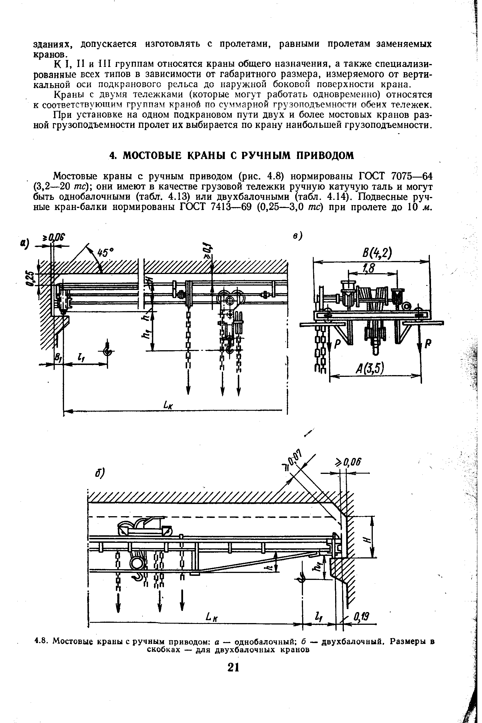 Мостовые краны с ручным приводом (рис. 4.8) нормированы ГОСТ 7075—64 (3,2—20 тс) они имеют в качестве грузовой тележки ручную катучую таль и могут быть однобалочными (табл. 4.13) или двухбалочными (табл. 4.14). Подвесные ручные кран-балки нормированы ГОСТ 7413—69 (0,25—3,0 тс) при пролете до 10 м.
