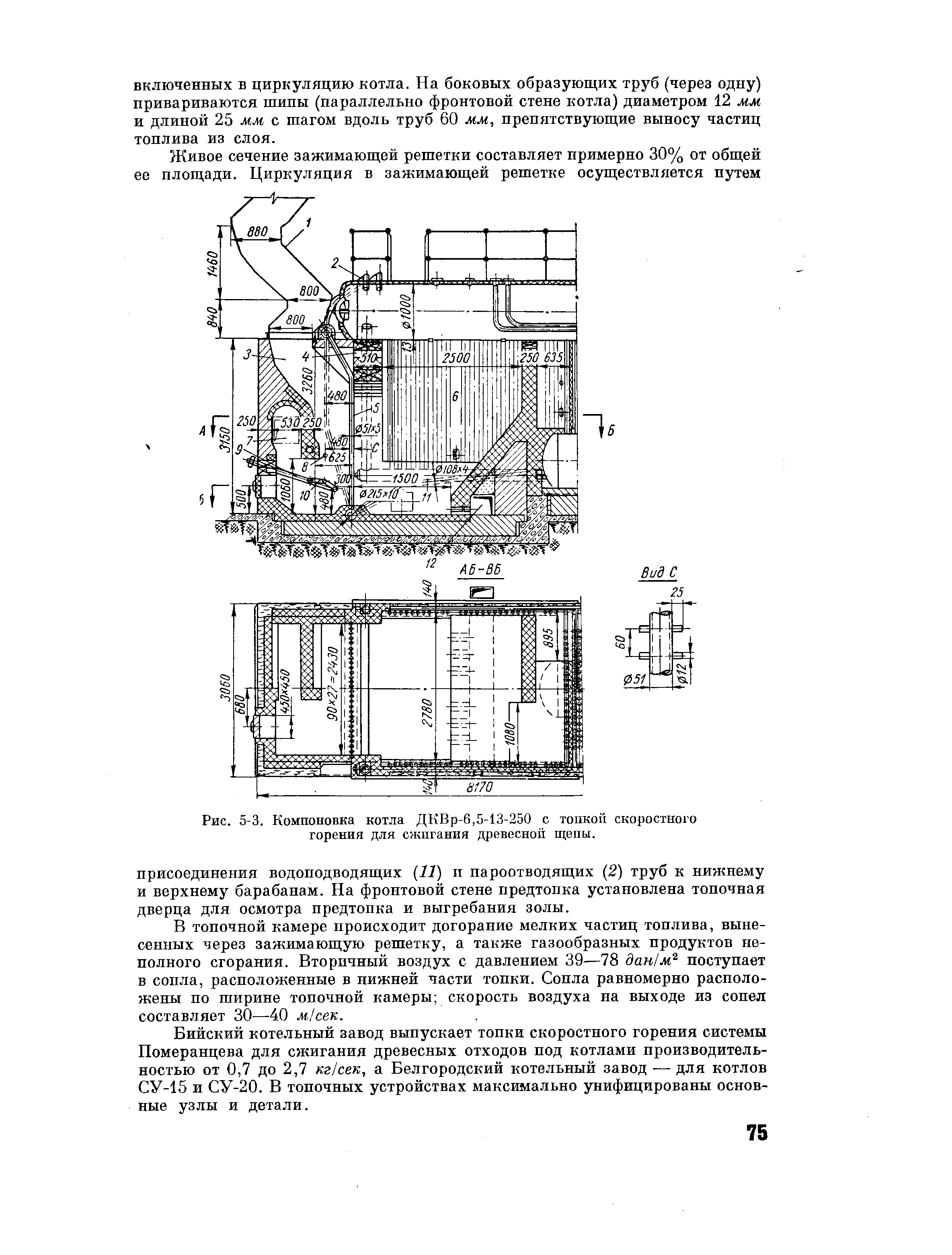 Рис. 5-3. Компоновка котла ДКВр-6,5-13-250 с топкой скоростного горения для сжигания древесной щепы.
