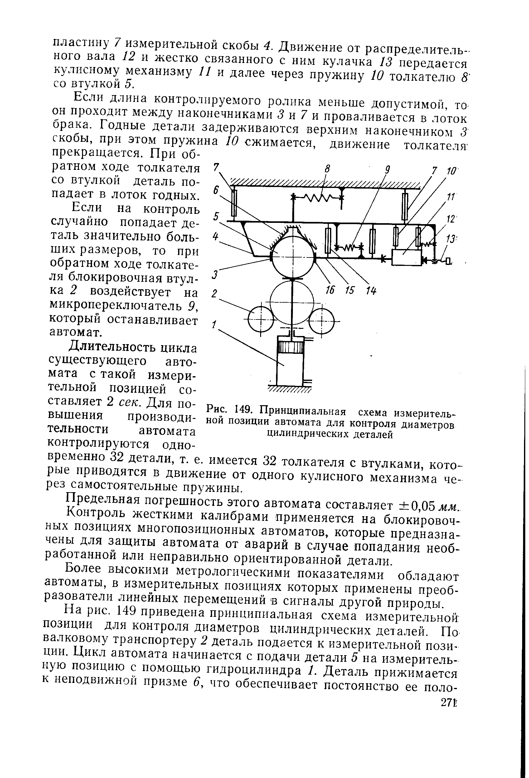 Рис. 149. <a href="/info/4763">Принципиальная схема</a> измерительной позиции автомата для контроля диаметров цилиндрических деталей
