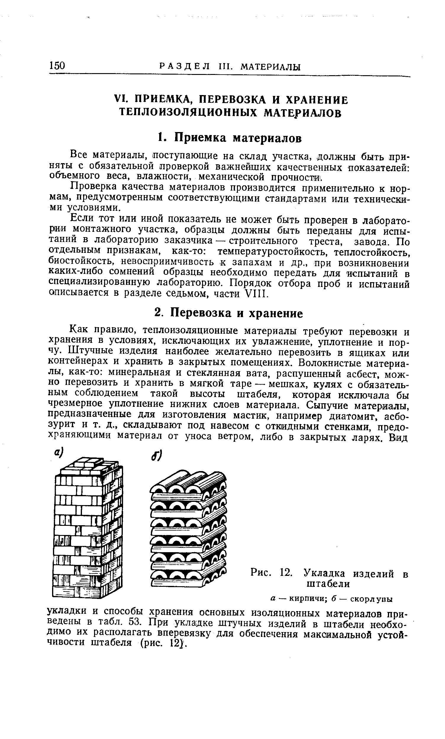 Все материалы, поступающие на склад участка, должны быть приняты с обязательной проверкой важнейших качественных показателей объемного веса, влажности, механической прочности. 
