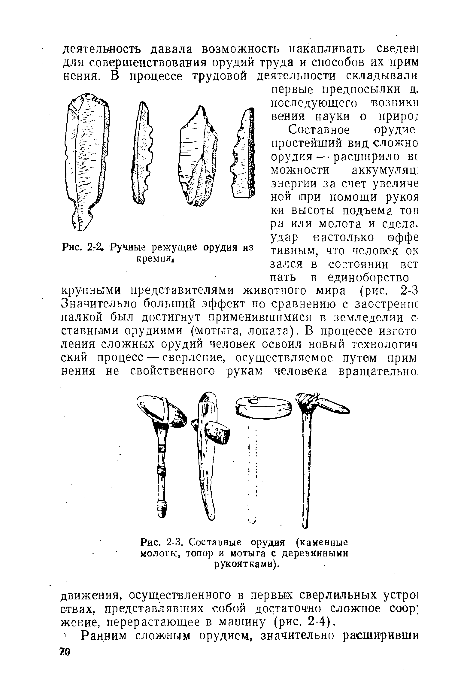 Рис. 2-3. Составные орудия (каменные молоты, топор и мотыга с деревянными рукоятками).
