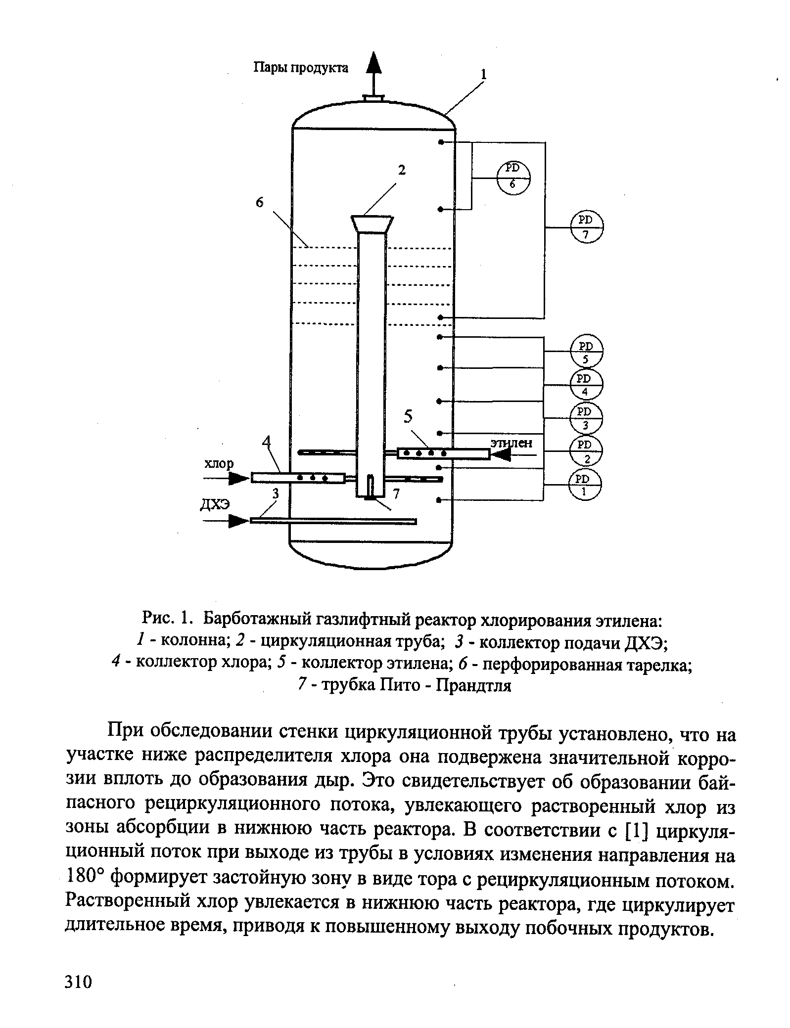 Рис. 1. Барботажный газлифтный реактор хлорирования этилена 
