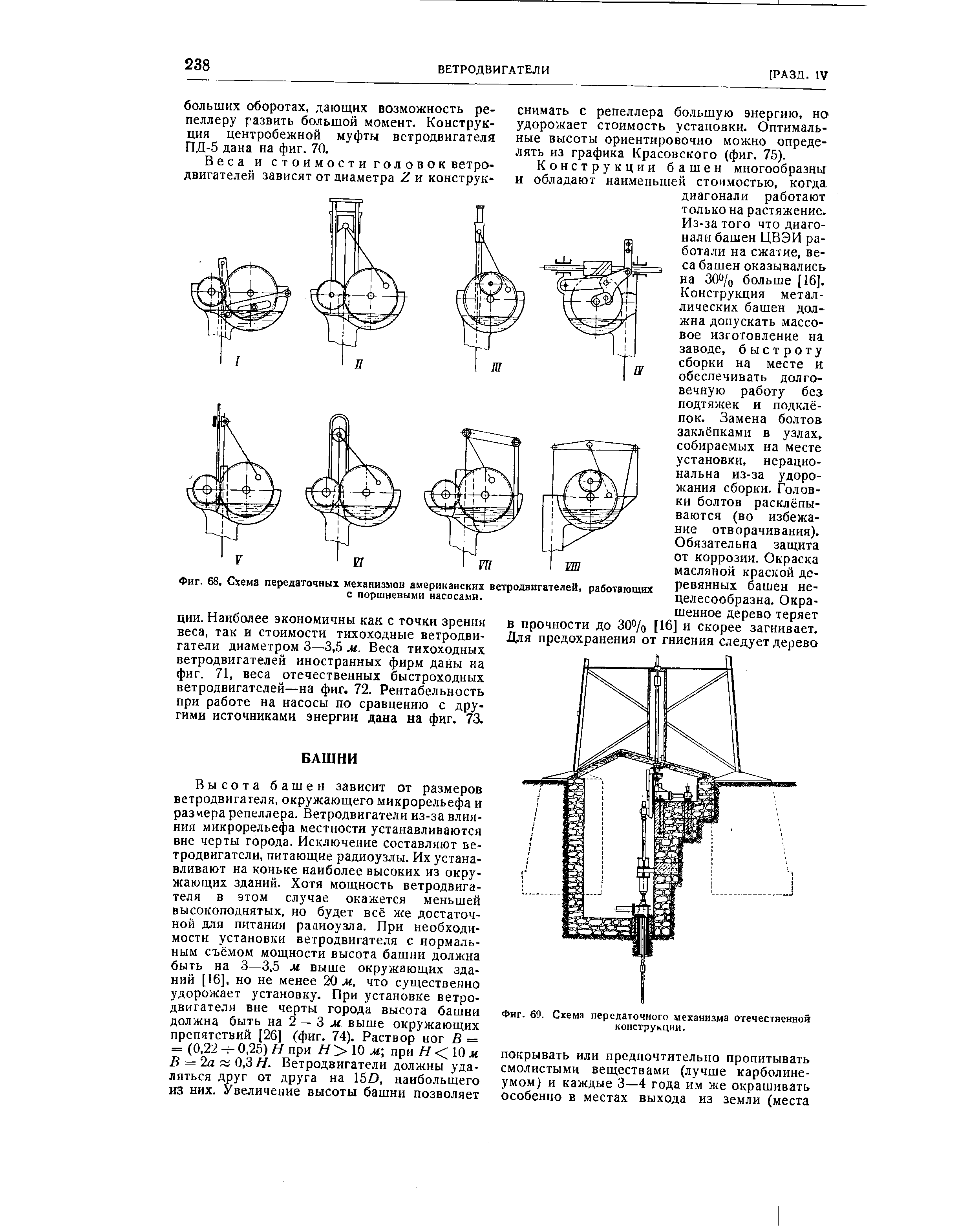 Фиг. 68. Схема <a href="/info/7928">передаточных механизмов</a> американских ветродвигателей, работающих с поршневыми насосами.
