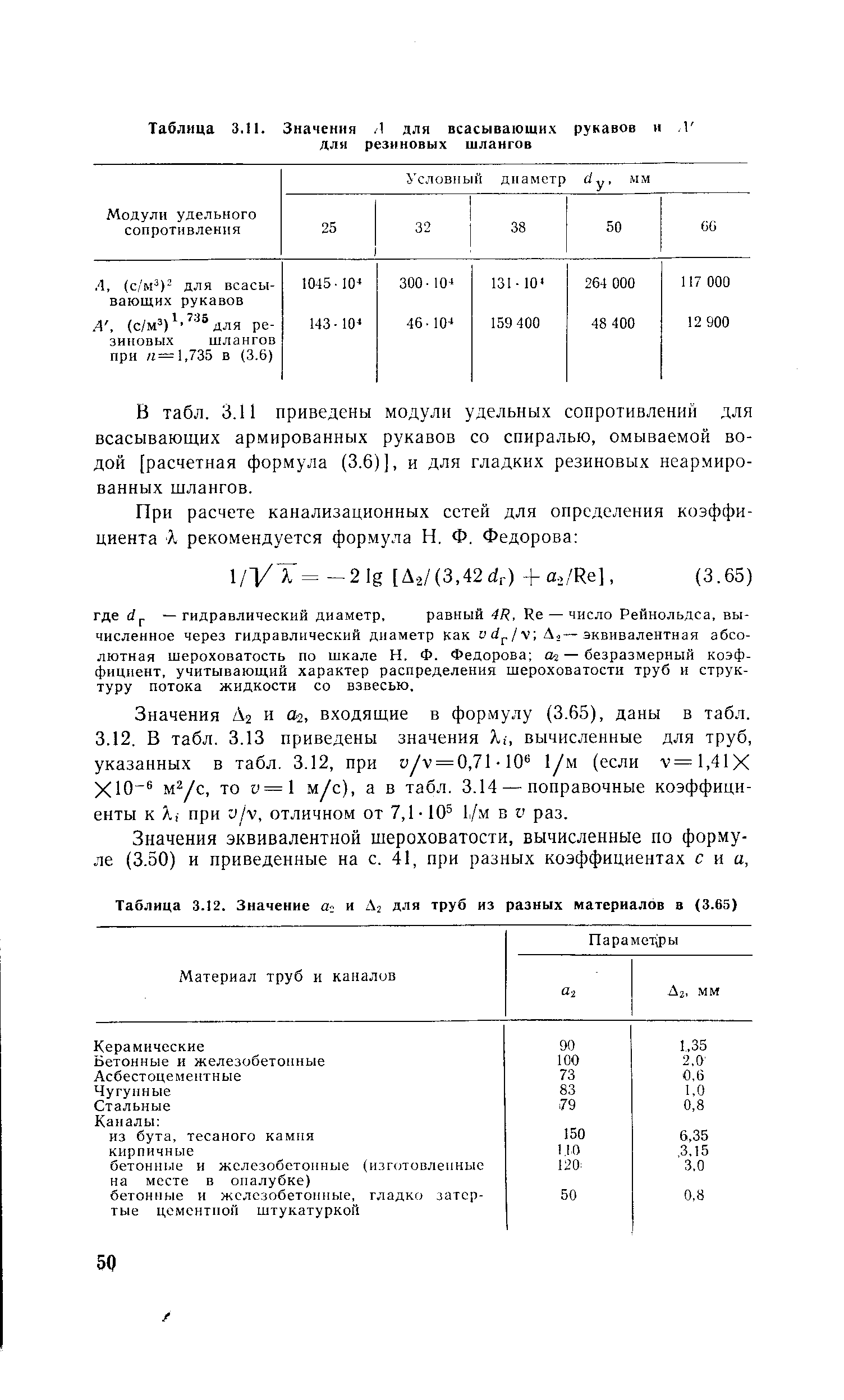 Таблица 3.11. Значения /1 для всасывающих рукавов и Г для резиновых шлангов
