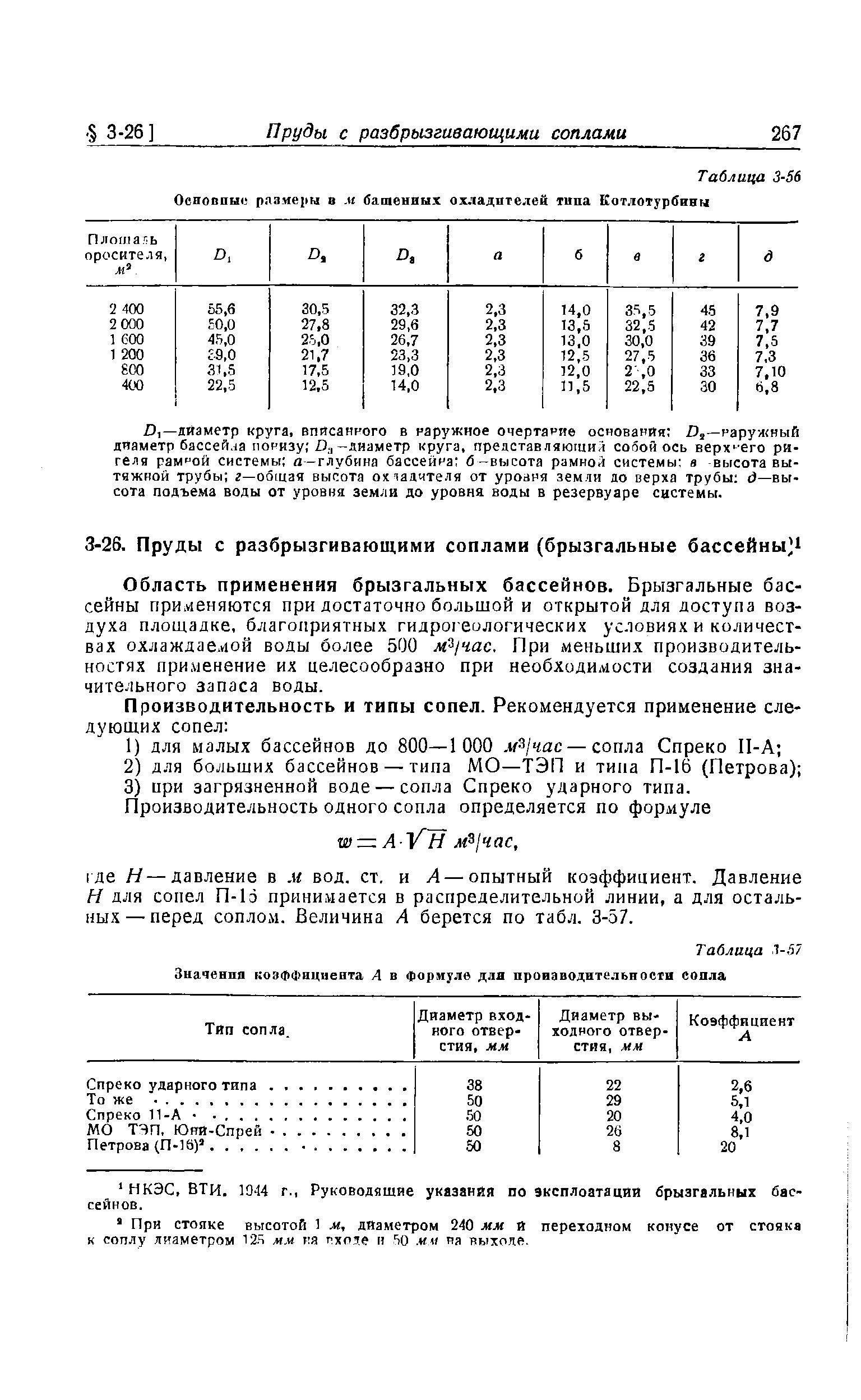 Область применения брызгальных бассейнов. Брызгальные бассейны применяются при достаточно большой и открытой для доступа воздуха площадке, благоприятных гидро1еологических условиях и количествах охлаждаемой воды более 500 м 1час. При меньших производительностях применение их целесообразно при необходимости создания значительного запаса воды.
