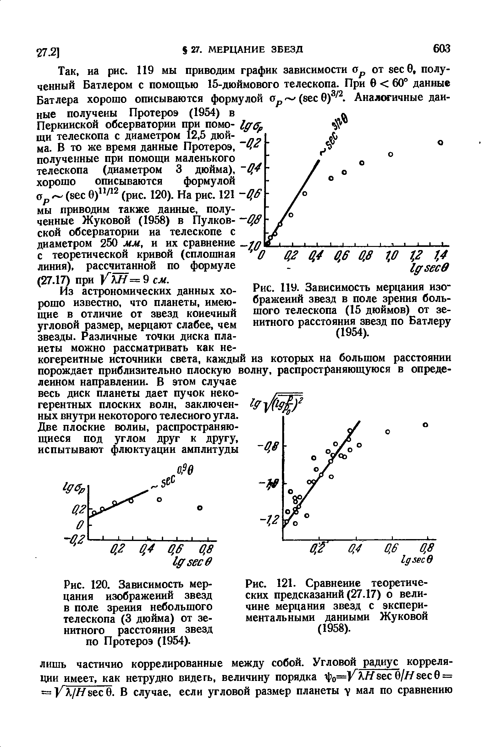 Рис. 121. Сравнение теоретических предсказаний (27.17) о величине мерцания звезд с экспериментальными данными Жуковой (1958).

