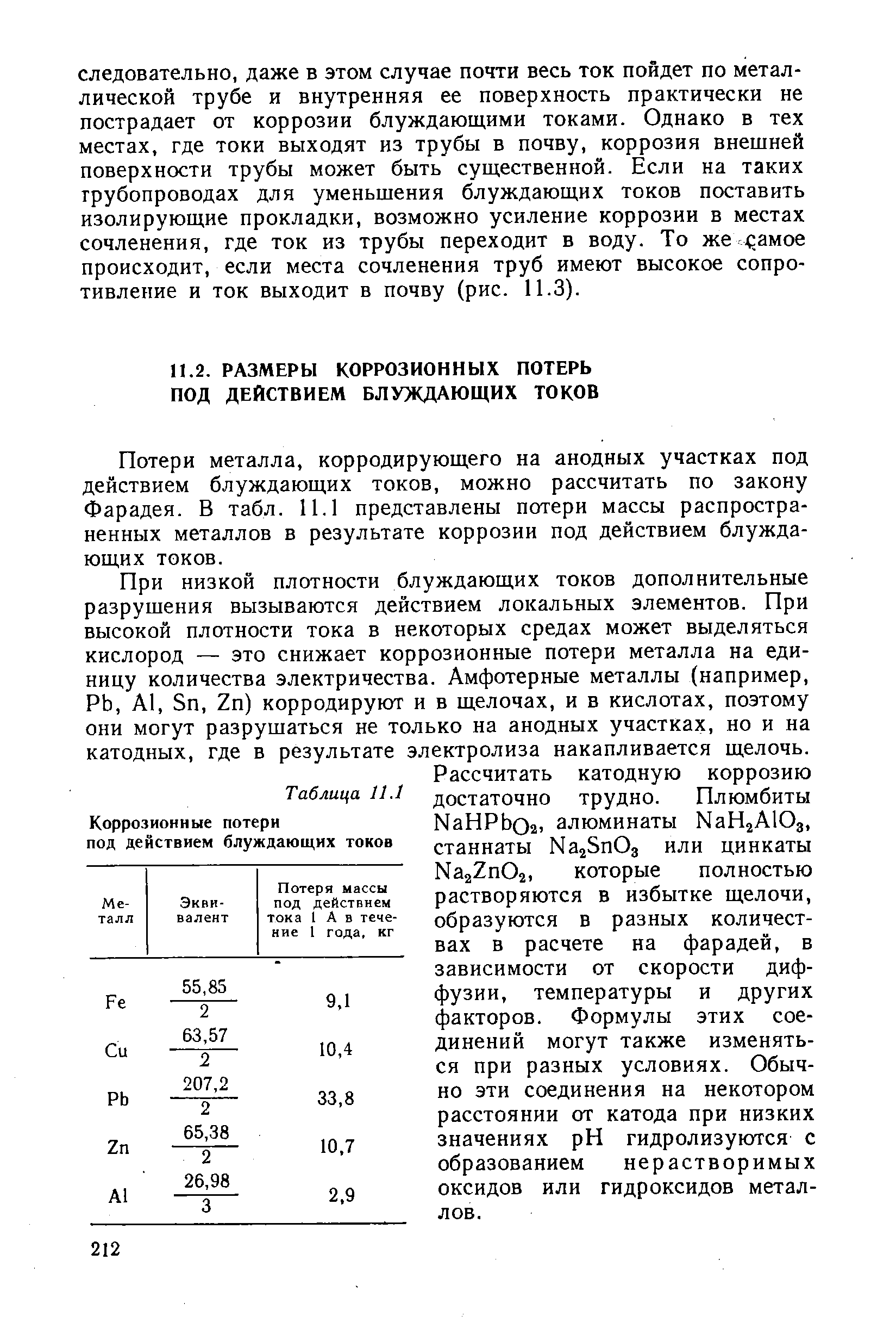 Потери металла, корродирующего на анодных участках под действием блуждающих токов, можно рассчитать по закону Фарадея. В табл. 11.1 представлены потери массы распространенных металлов в результате коррозии под действием блуждающих токов.
